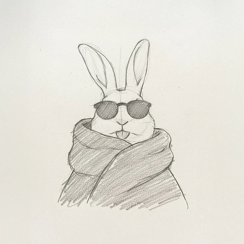 Pencil sketch of a rabbit wearing dark sunglasses and wrapped in a coat or blanket, drawn on a plain white background.