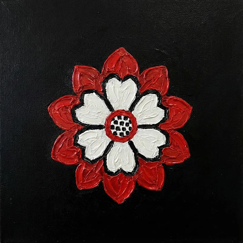 Art-inspired flower motif painting in red and white – design source for John and Alice sweaters