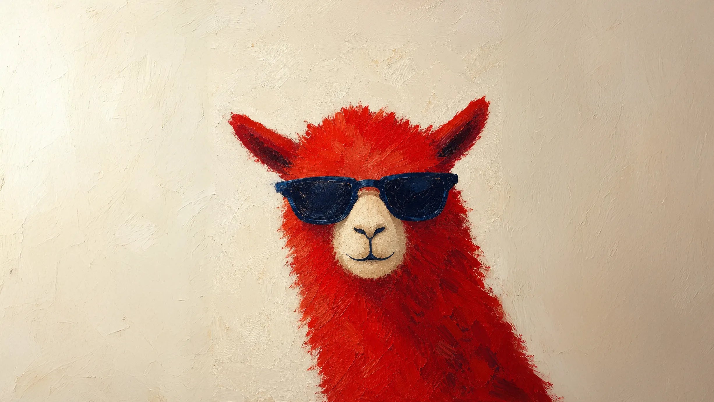 Red llama in dark blue sunglasses painted against a textured cream background.