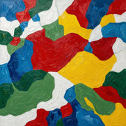 Abstract composition of thick impasto paint in bold red, yellow, blue, green, and white, arranged as interlocking organic shapes with visible textured brush marks.