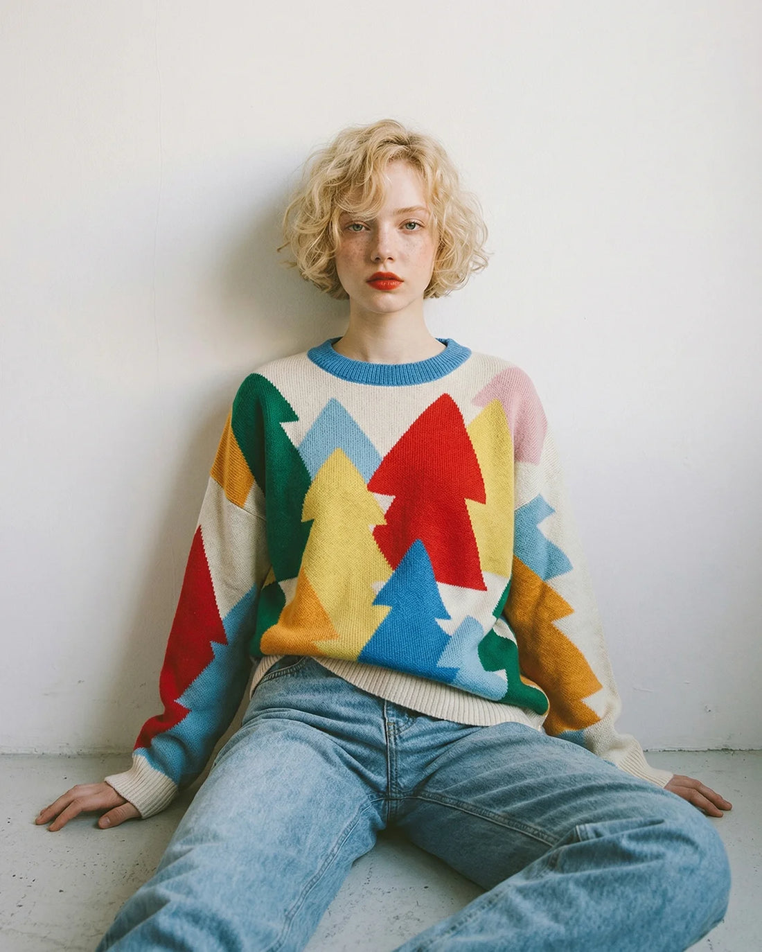 Woman seated on the floor against a plain white wall, wearing an oversized cream knit jumper with colourful tree-like motifs in red, yellow, blue, green, and pink, paired with light blue jeans.