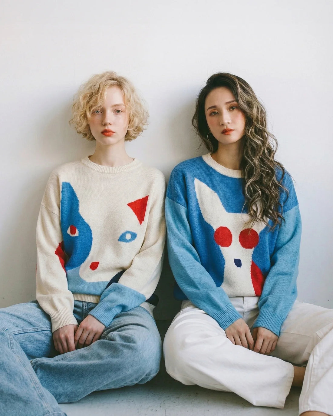 collection banner showing two women seated side by side in paired graphic knit jumpers, with the heading “In Pairs” and collection text below.