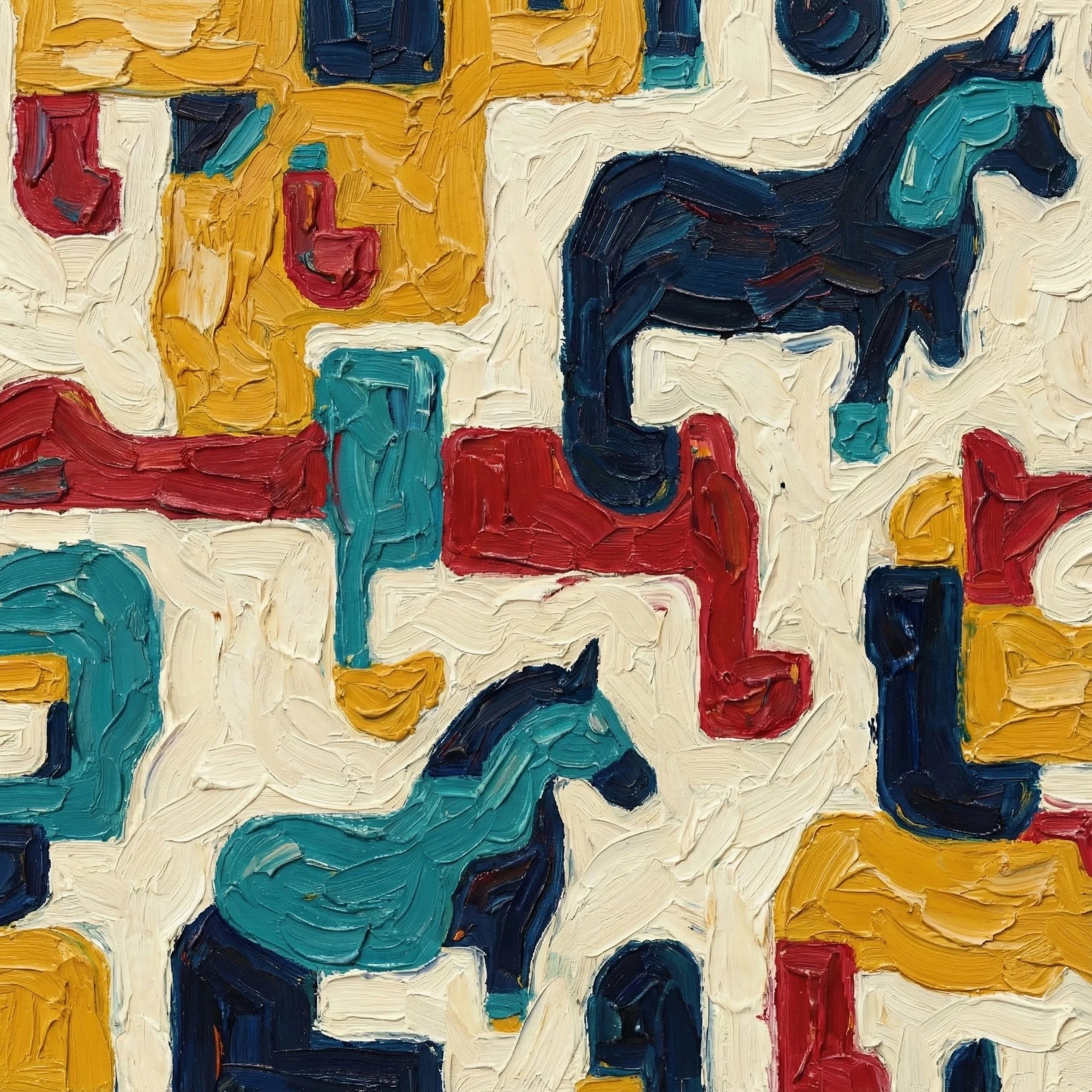 Abstract horse pattern painting with bold colour blocks on a light background