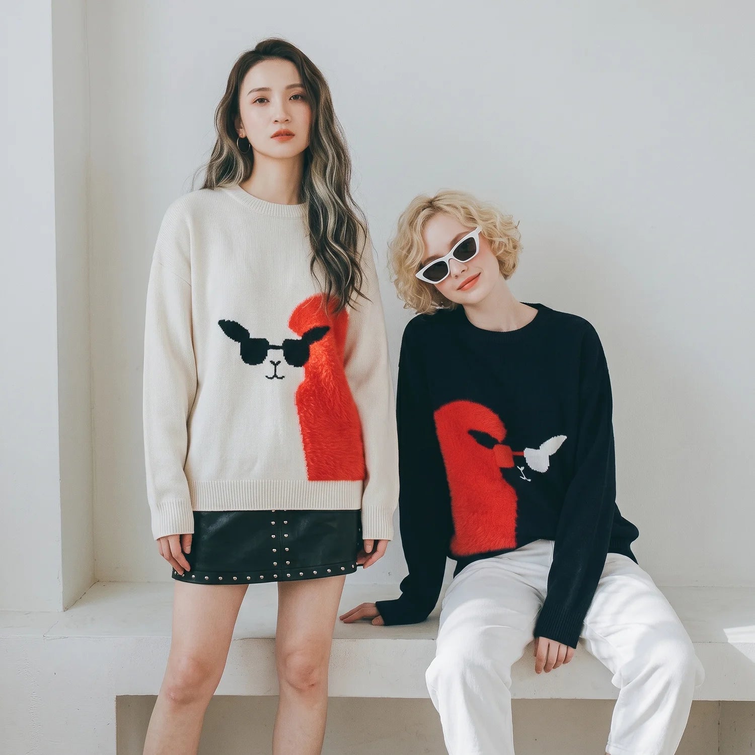 Two models posing in matching ivory and black jumpers with red alpaca motifs.