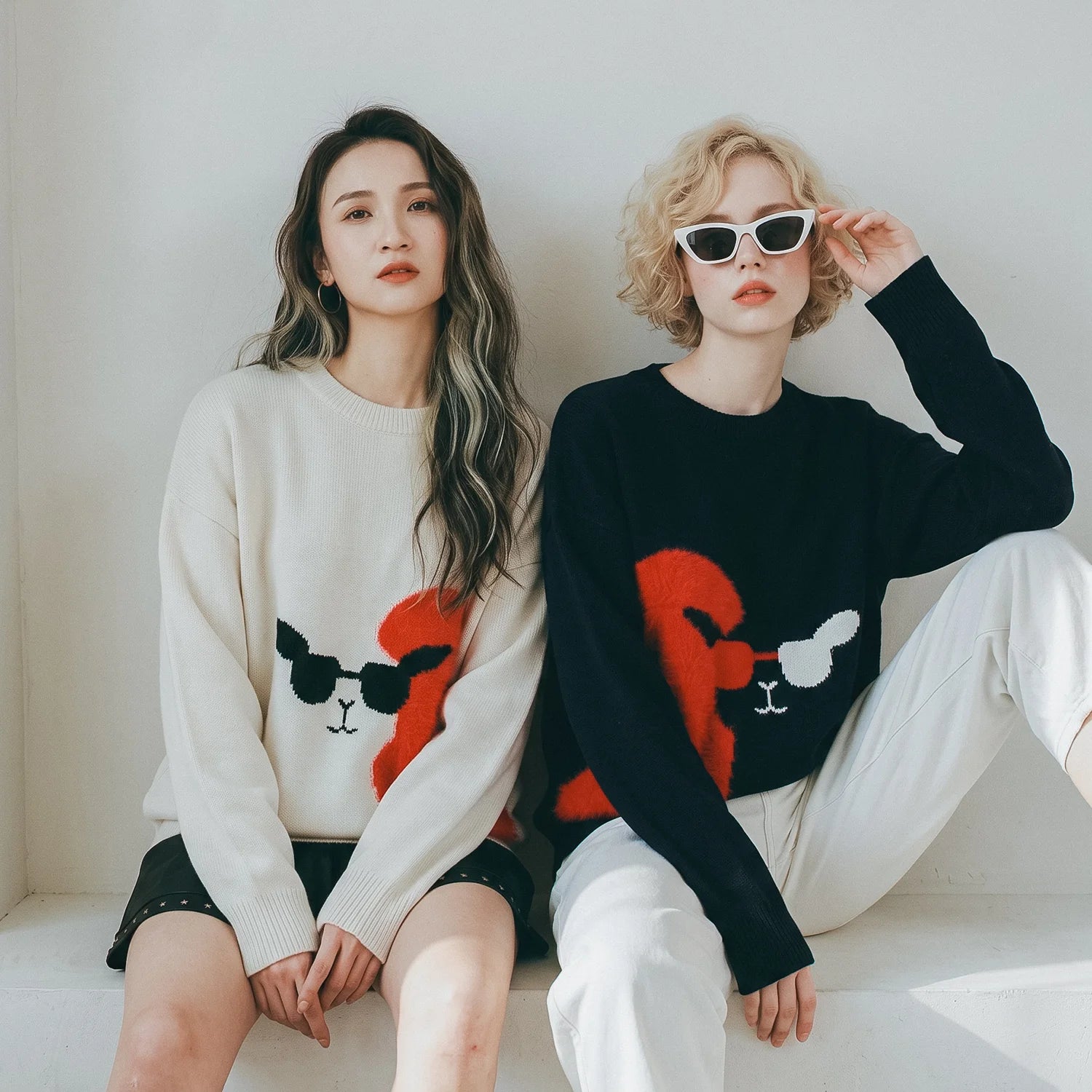 Two models wearing ivory and black jumpers with mirrored red alpaca motifs.