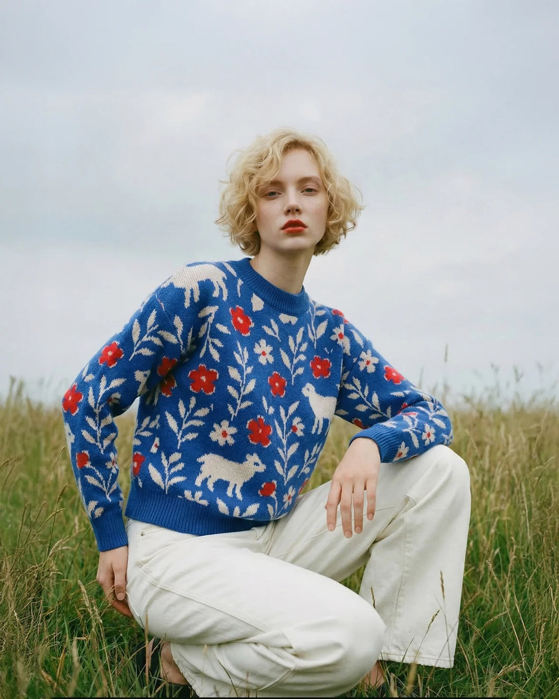 A woman kneeling in a grassy field under a pale sky, wearing a blue jacquard jumper with white animal motifs and red floral patterns.