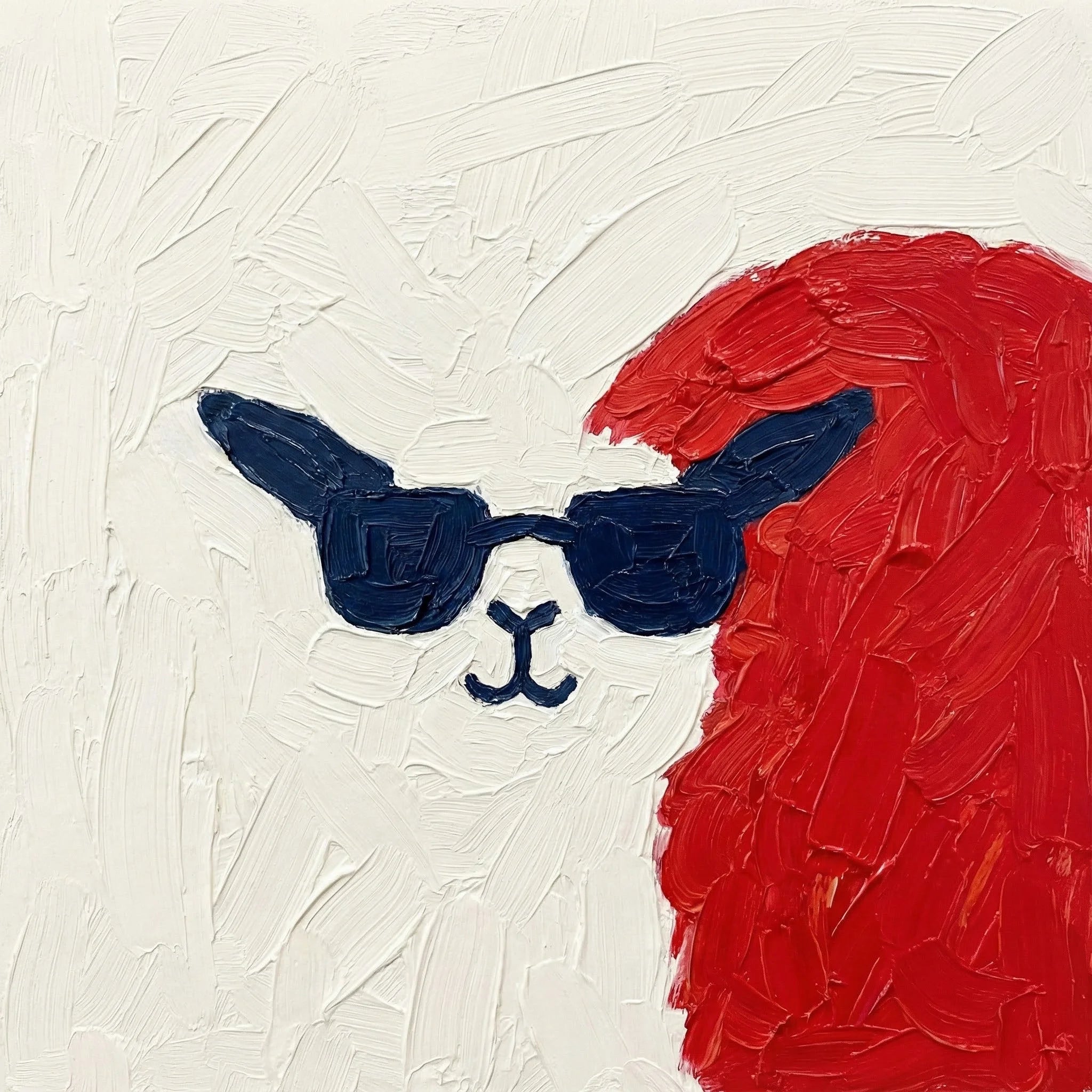 Stylised llama portrait in dark sunglasses with red and white tones on a light background