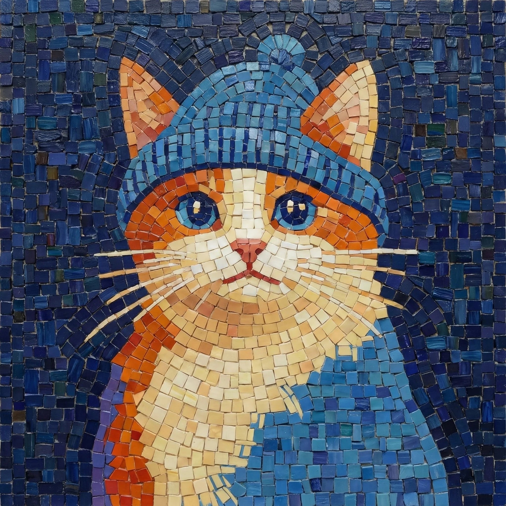 Cat portrait in blue clothing on a deep blue mosaic-style background