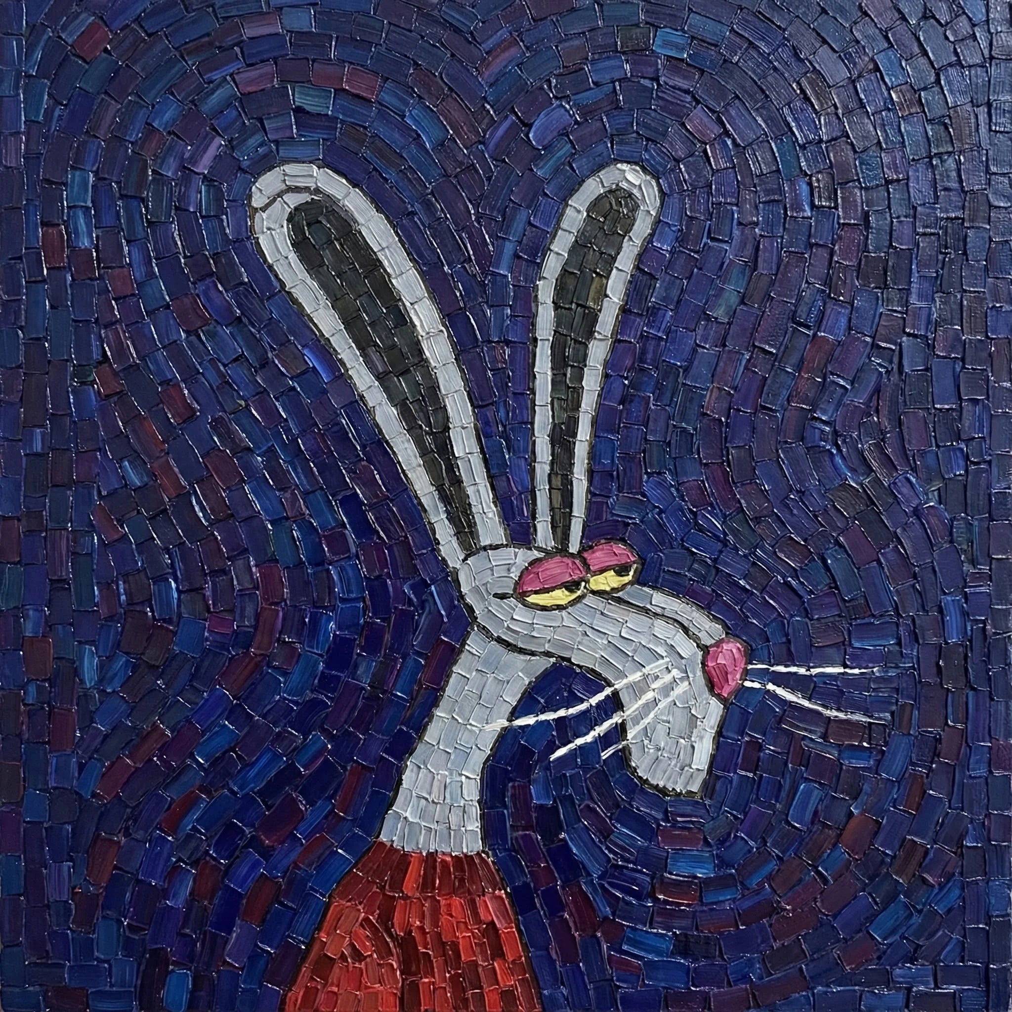 Stylised rabbit portrait with long ears on a deep blue textured background