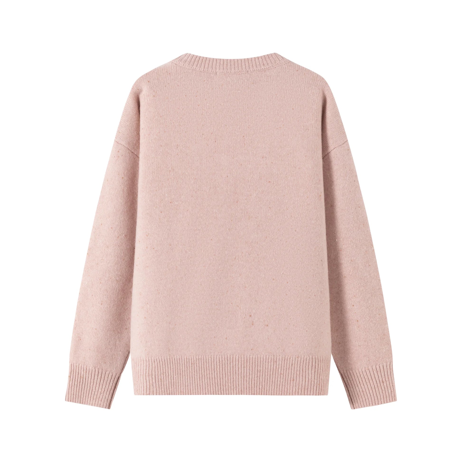Back view of a blush pink jumper with a plain back and ribbed hem.