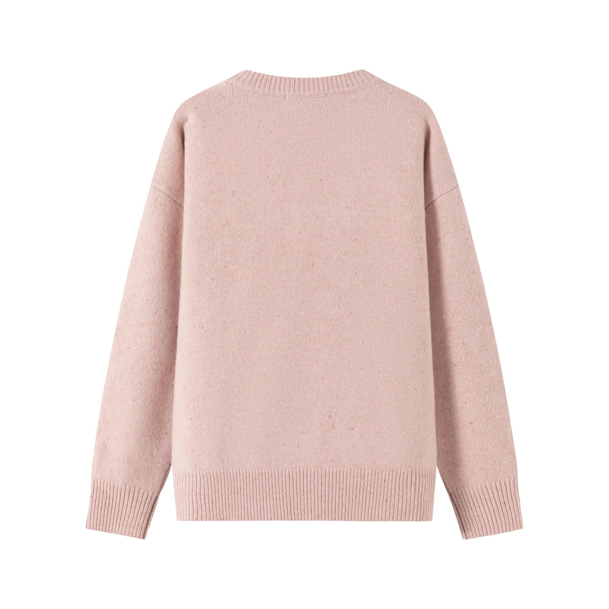 Back view of a blush pink jumper with a plain back and ribbed hem.