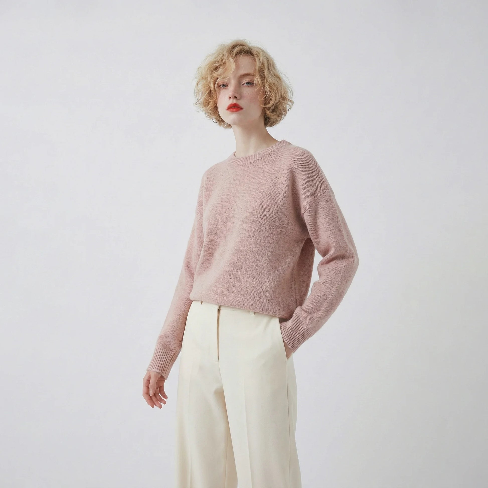 Model wearing a blush pink jumper with a crew neck and a slightly oversized fit.