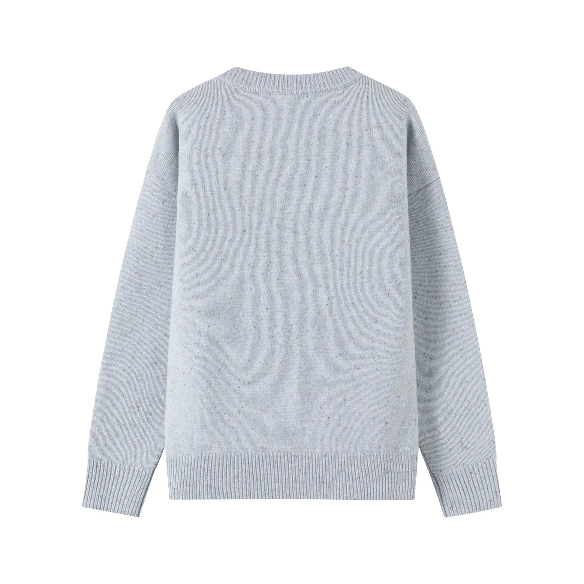 Back view of a light blue jumper with a plain back and ribbed hem.
