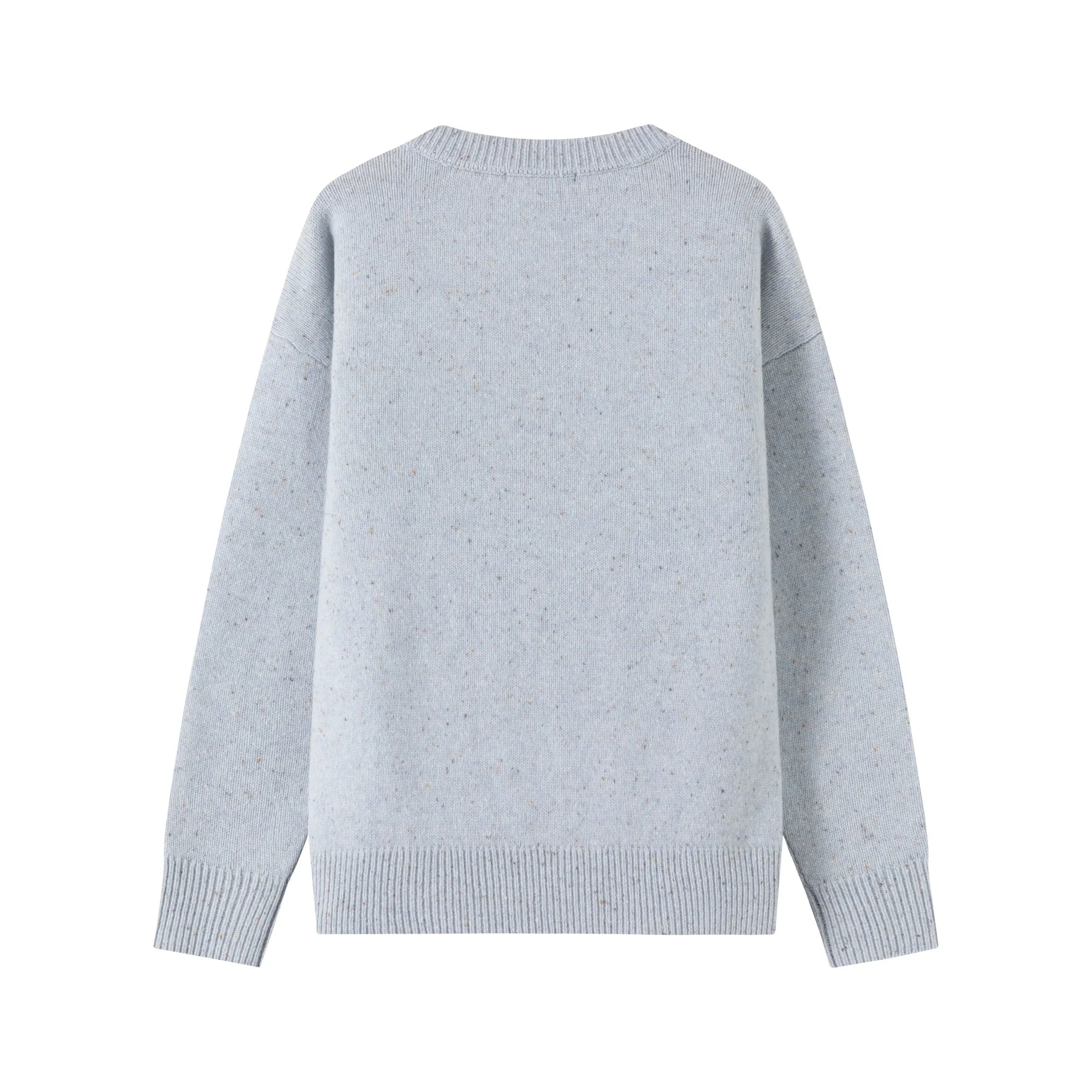 Back view of a light blue jumper with a plain back and ribbed hem.
