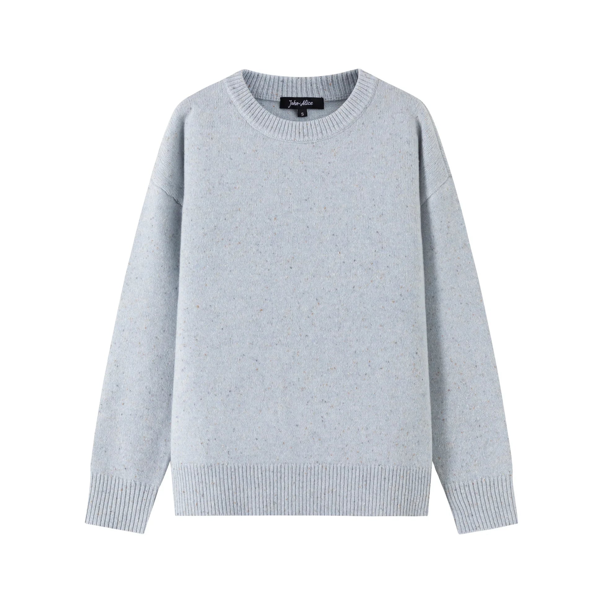 Front view of a light blue jumper with a crew neck, ribbed trims and a slightly oversized fit.