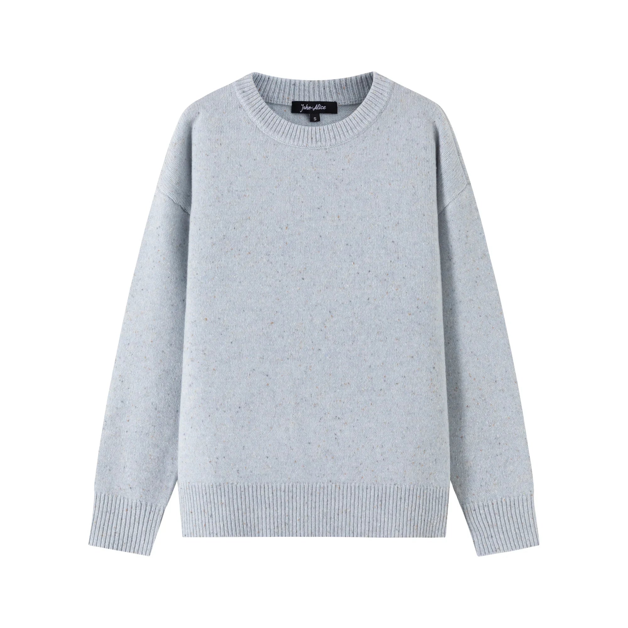 Front view of a light blue jumper with a crew neck, ribbed trims and a slightly oversized fit.