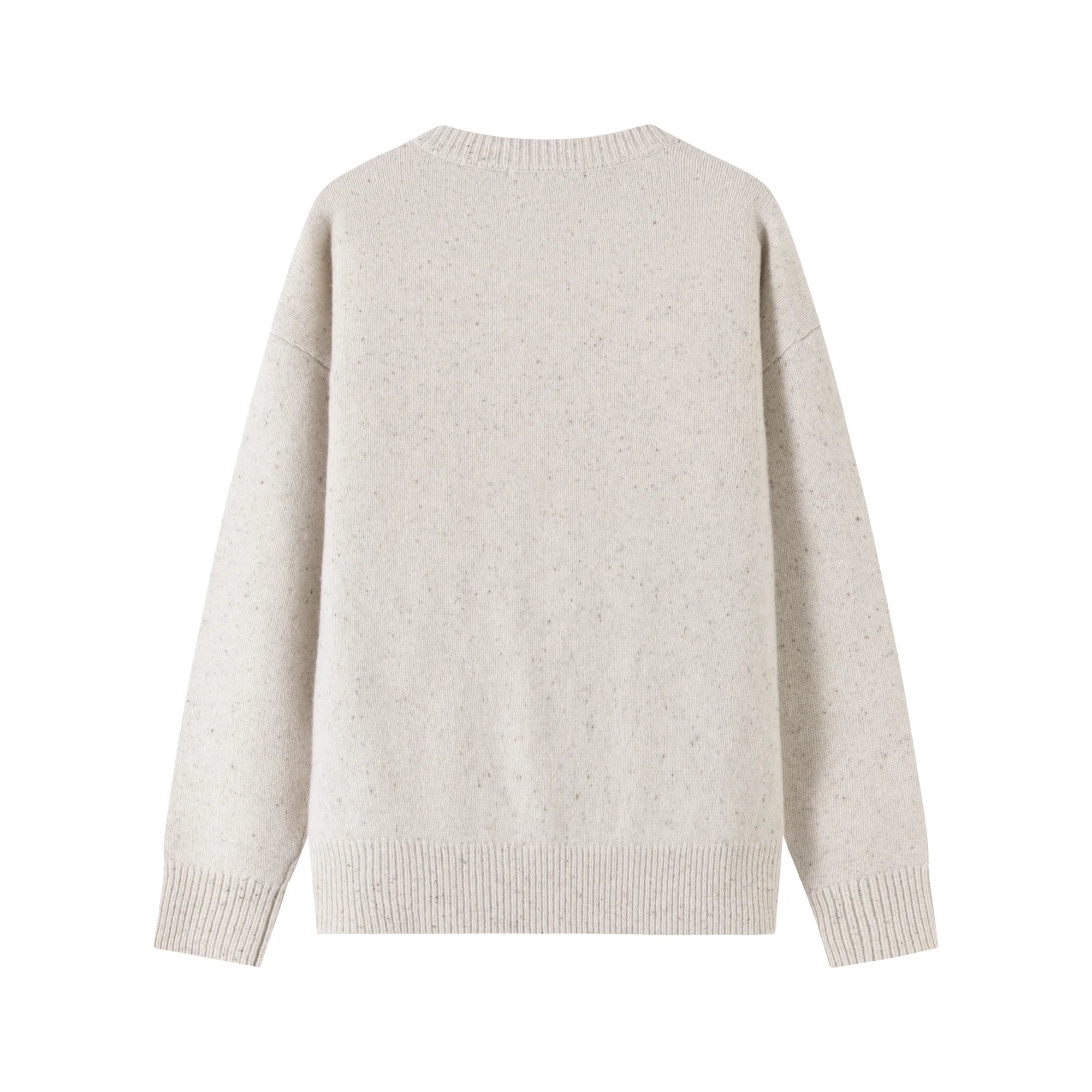 Back view of an oatmeal jumper with a plain back and ribbed hem.