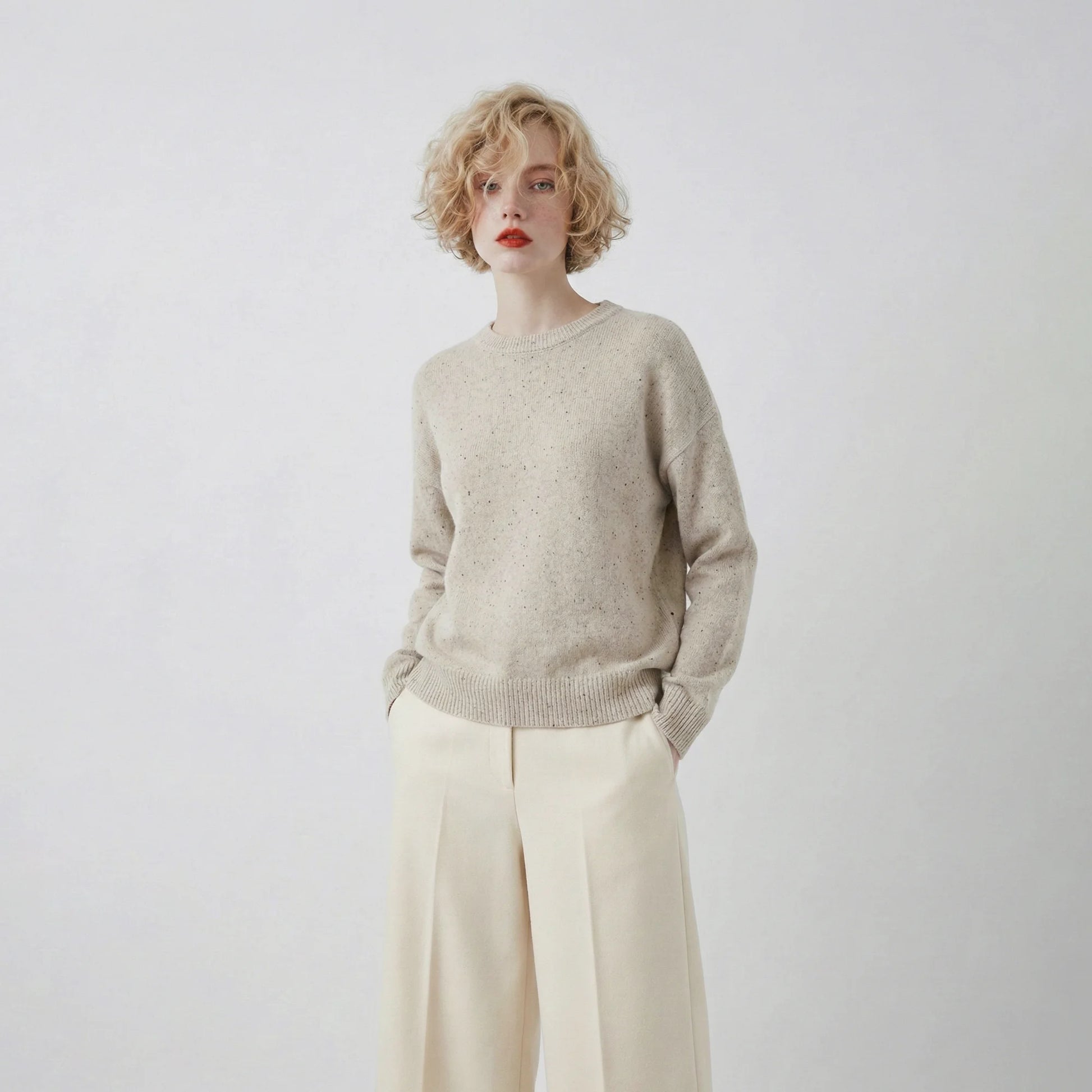 Model wearing an oatmeal jumper with a crew neck and a slightly oversized fit.