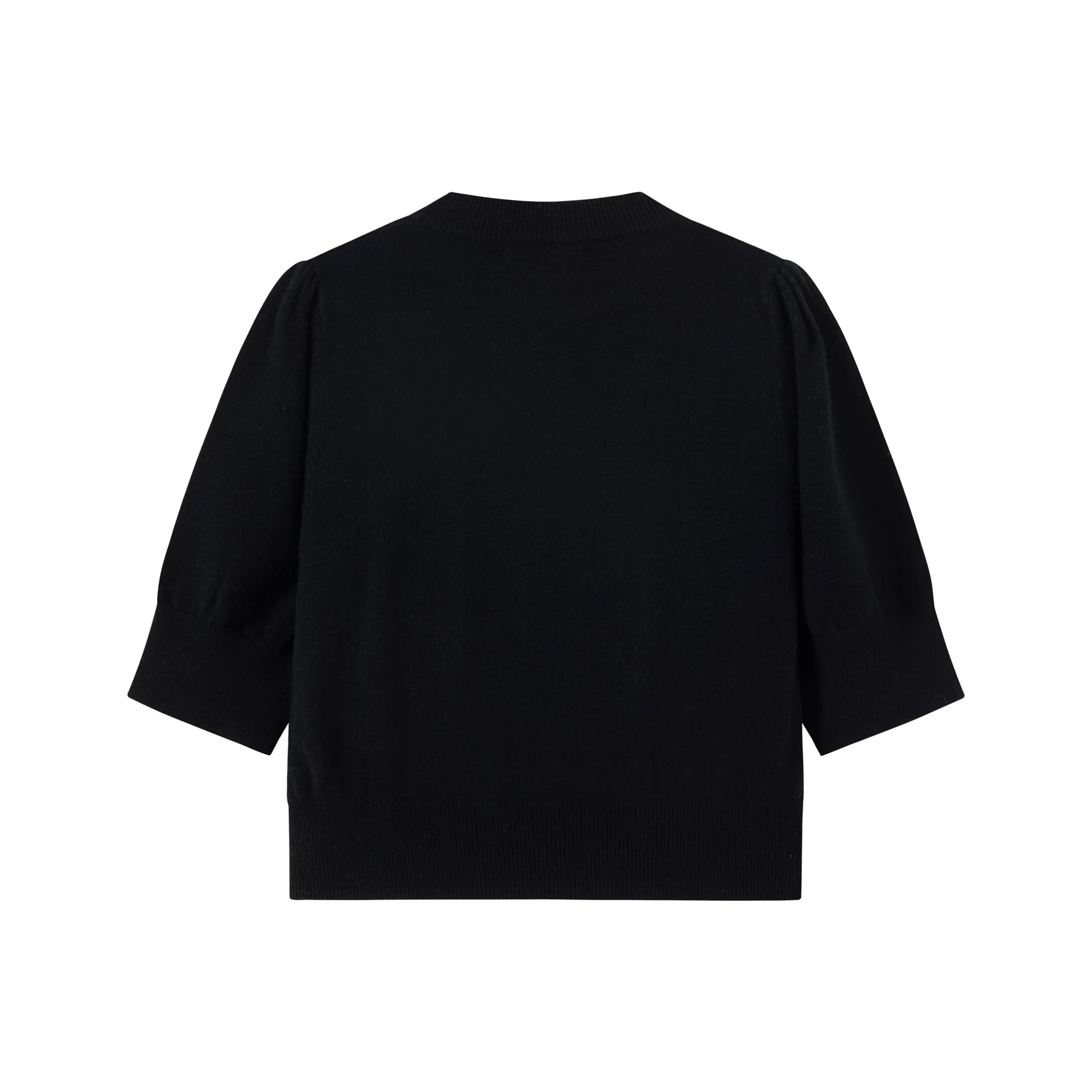 Back view of a black short-sleeve knit top with a crew neck and ribbed hem.