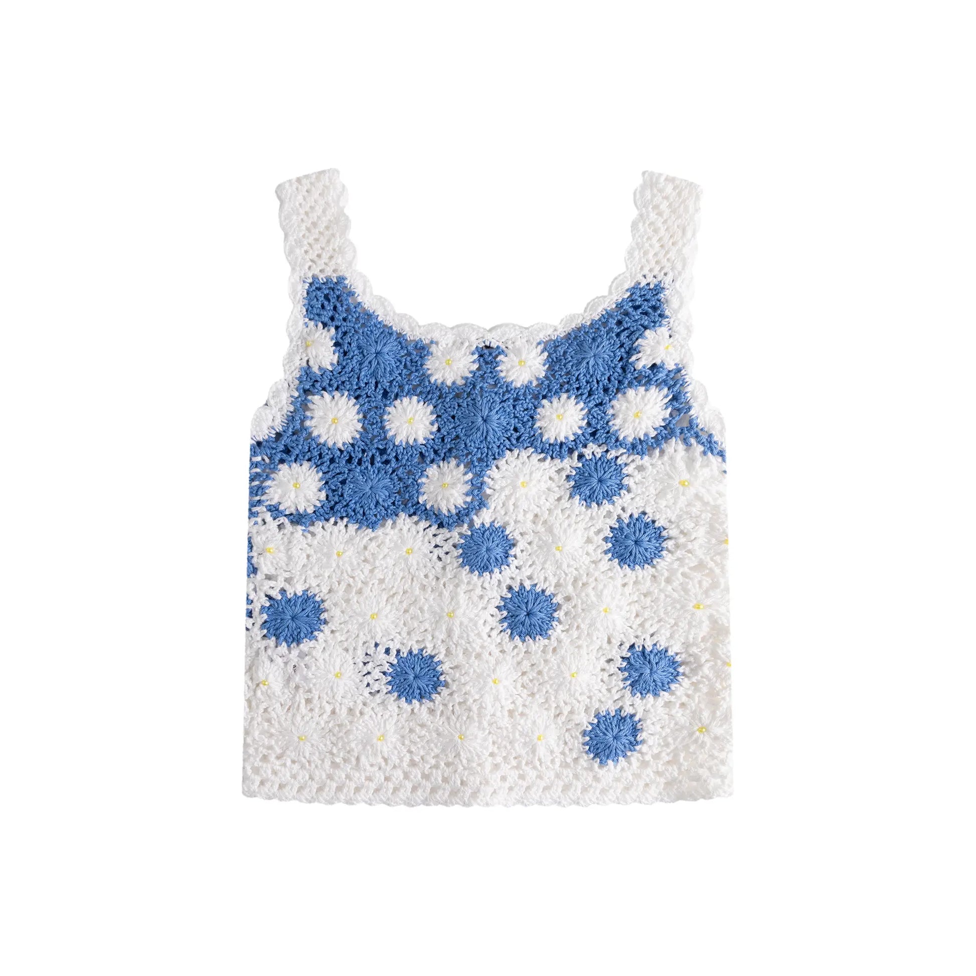 Back flat view of a hand-crocheted fitted top in white with blue floral motifs and small bead details.