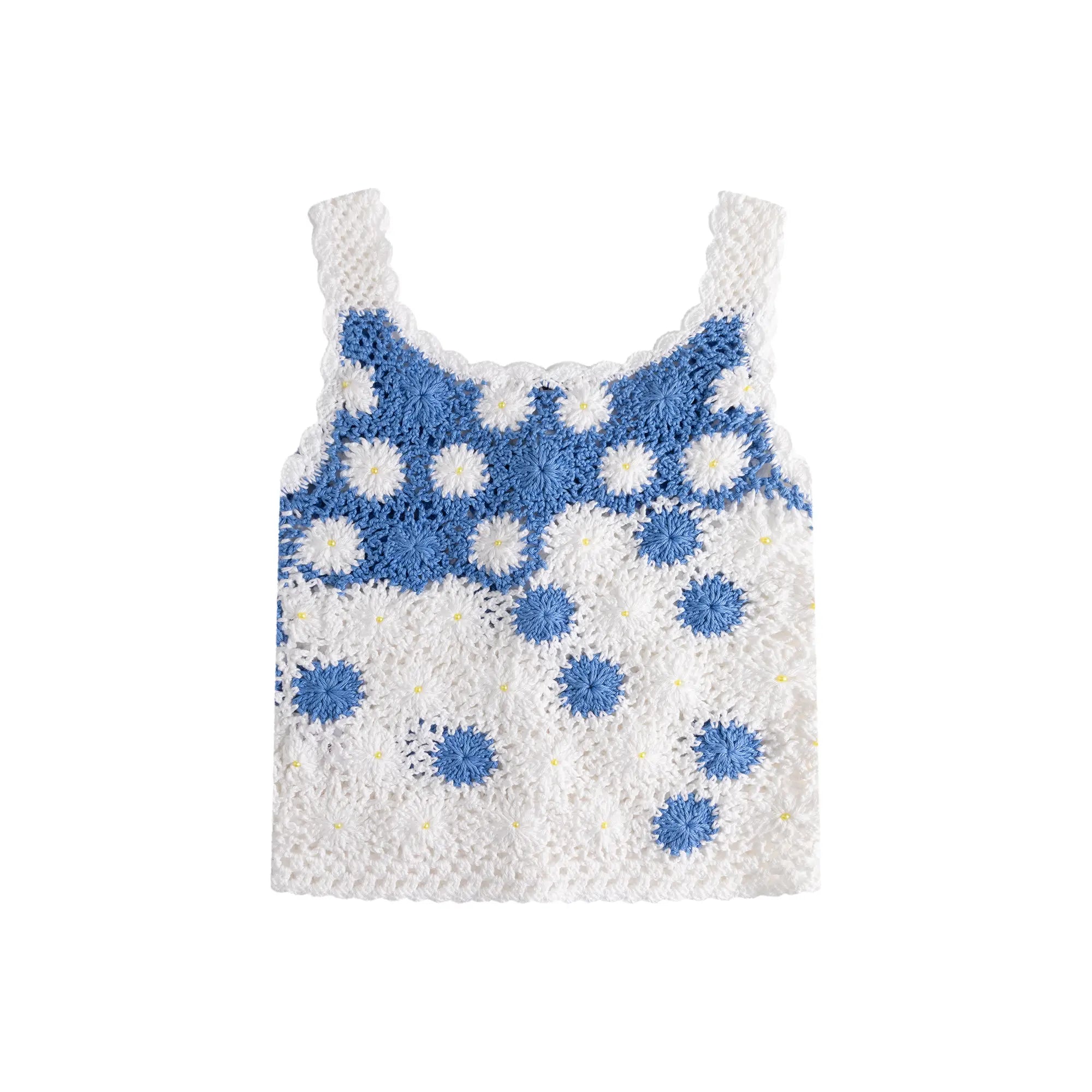 Back flat view of a hand-crocheted fitted top in white with blue floral motifs and small bead details.