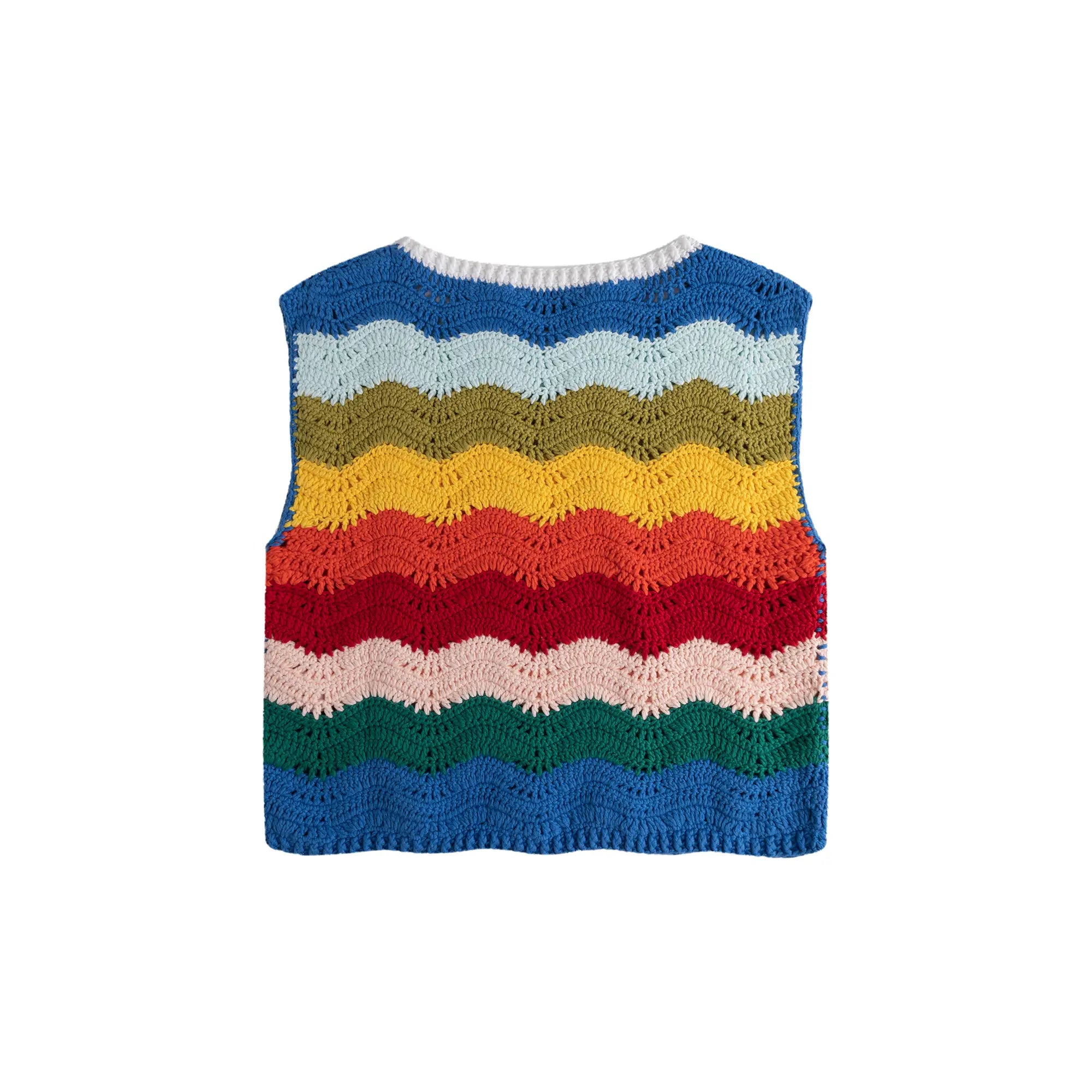 Back flat view of a hand-crocheted relaxed top in multicolour wave stripes.