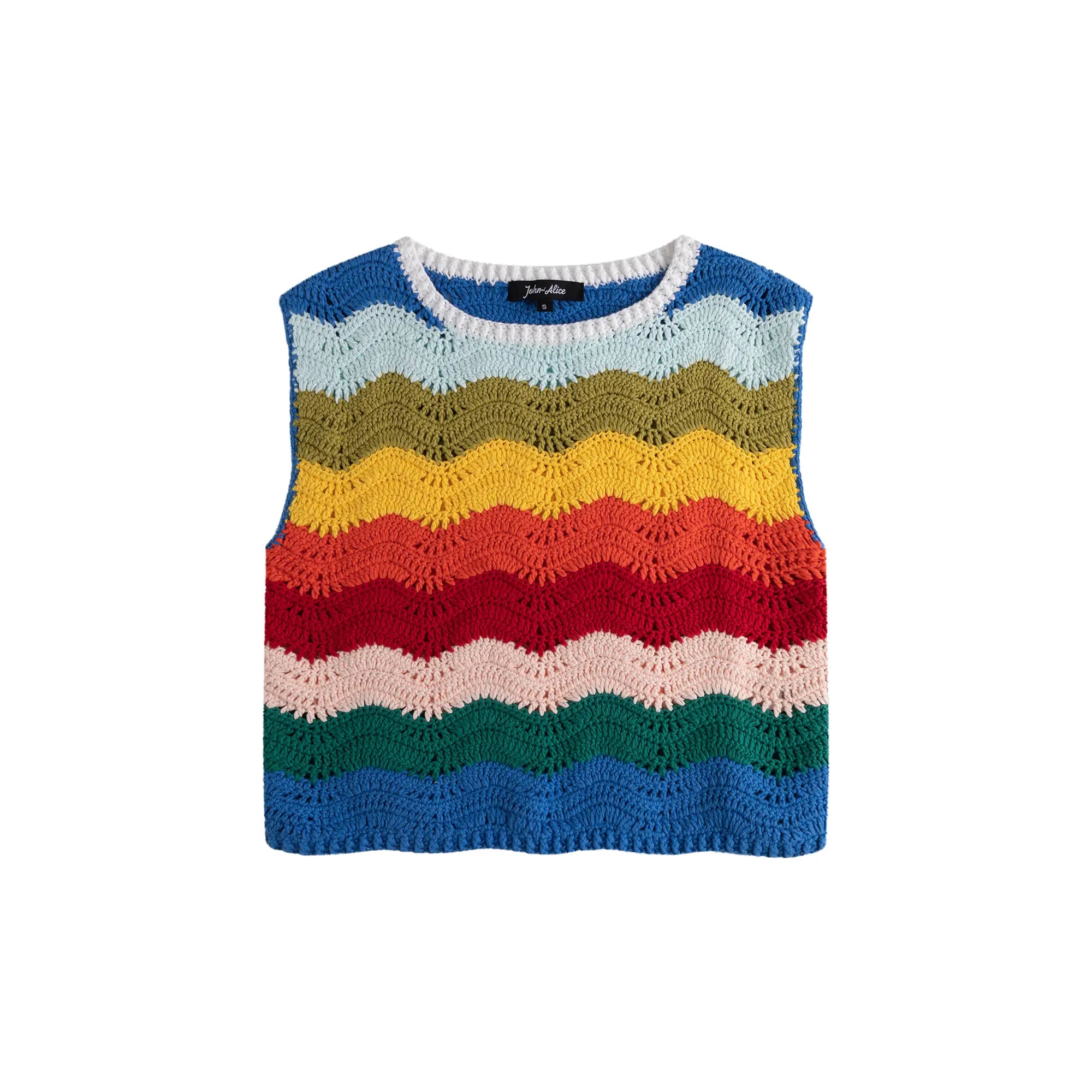 Front flat view of a hand-crocheted relaxed top in multicolour wave stripes.