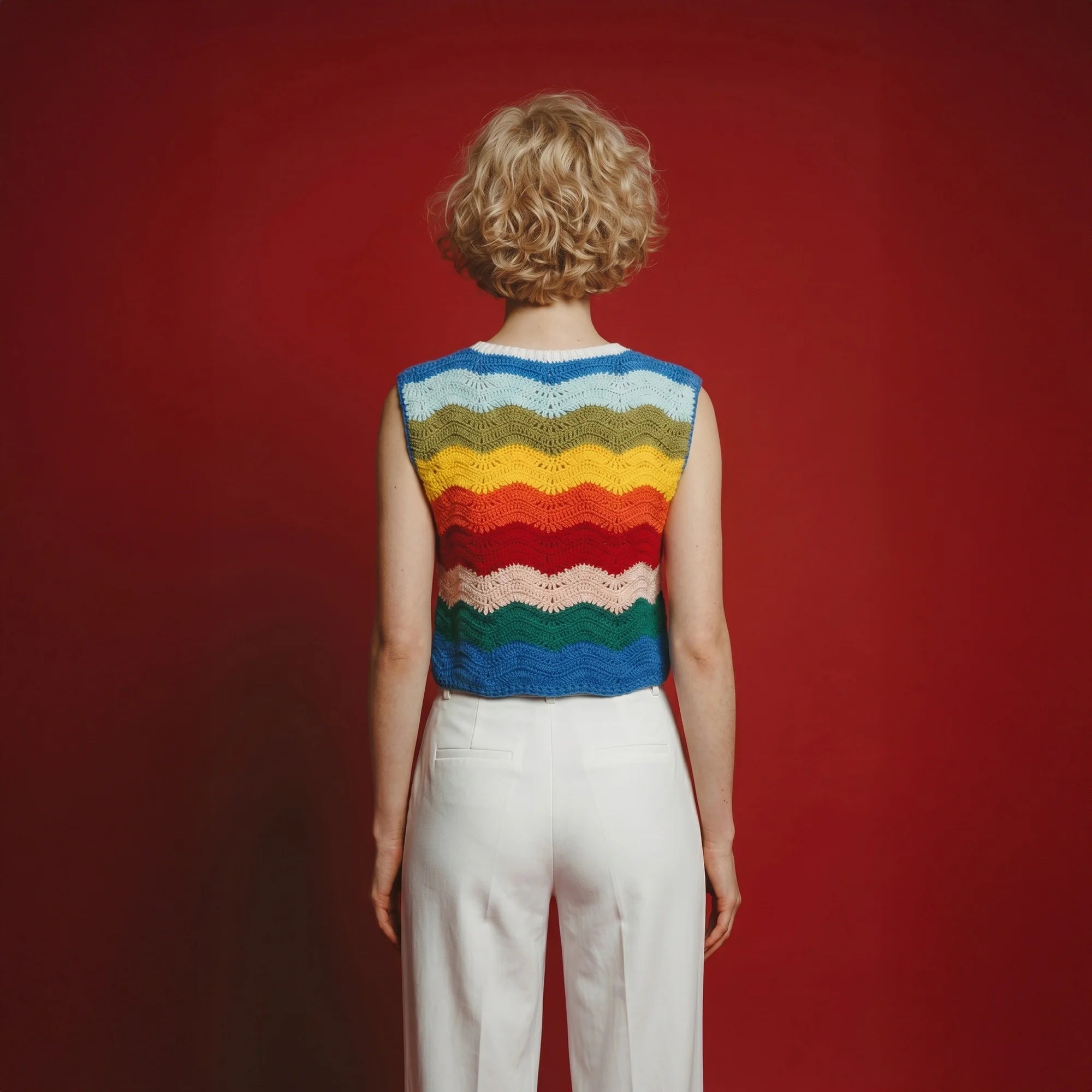 Back view of model wearing a hand-crocheted relaxed top with multicolour wave stripes, paired with white trousers.