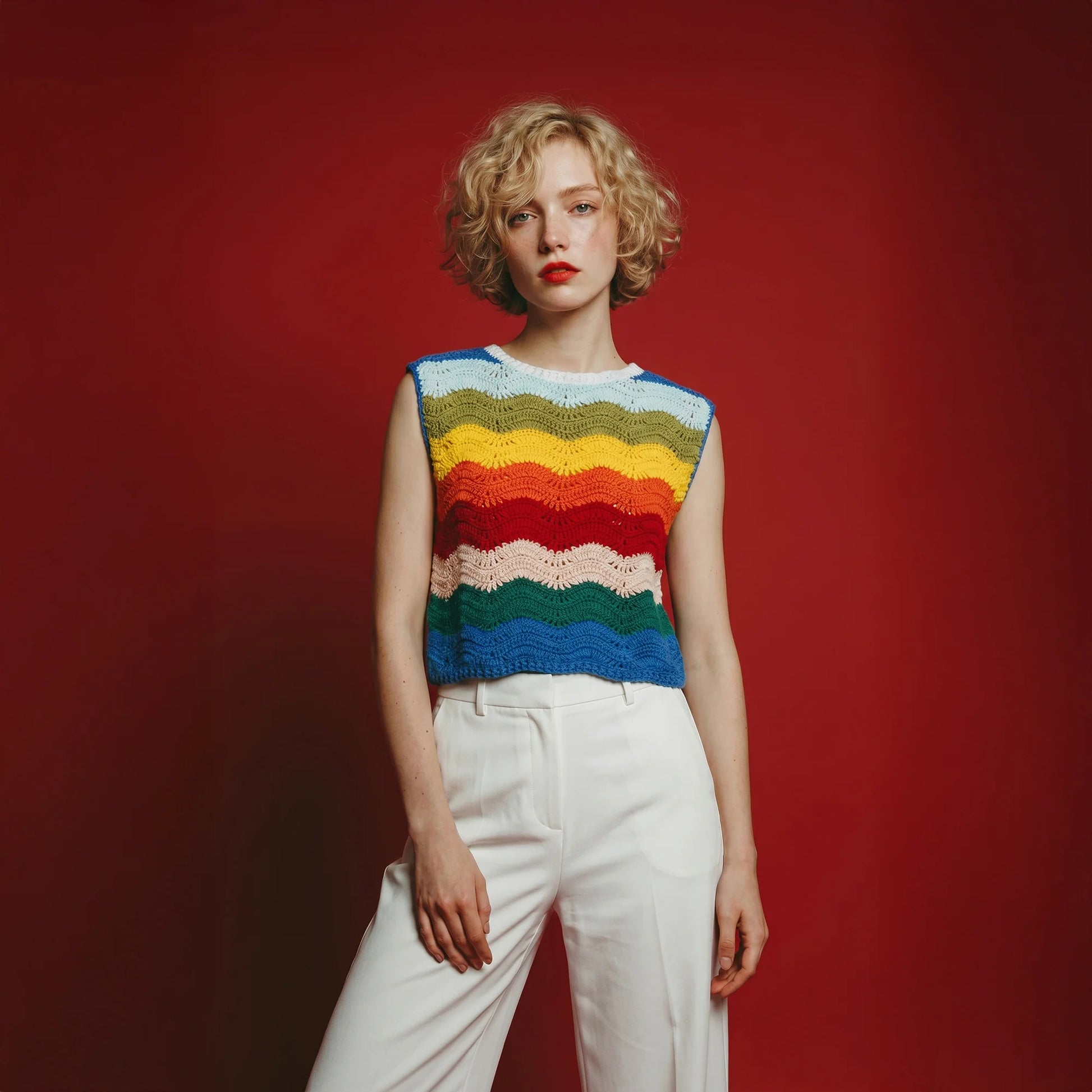 Model wearing a hand-crocheted relaxed top with multicolour wave stripes, paired with white trousers.