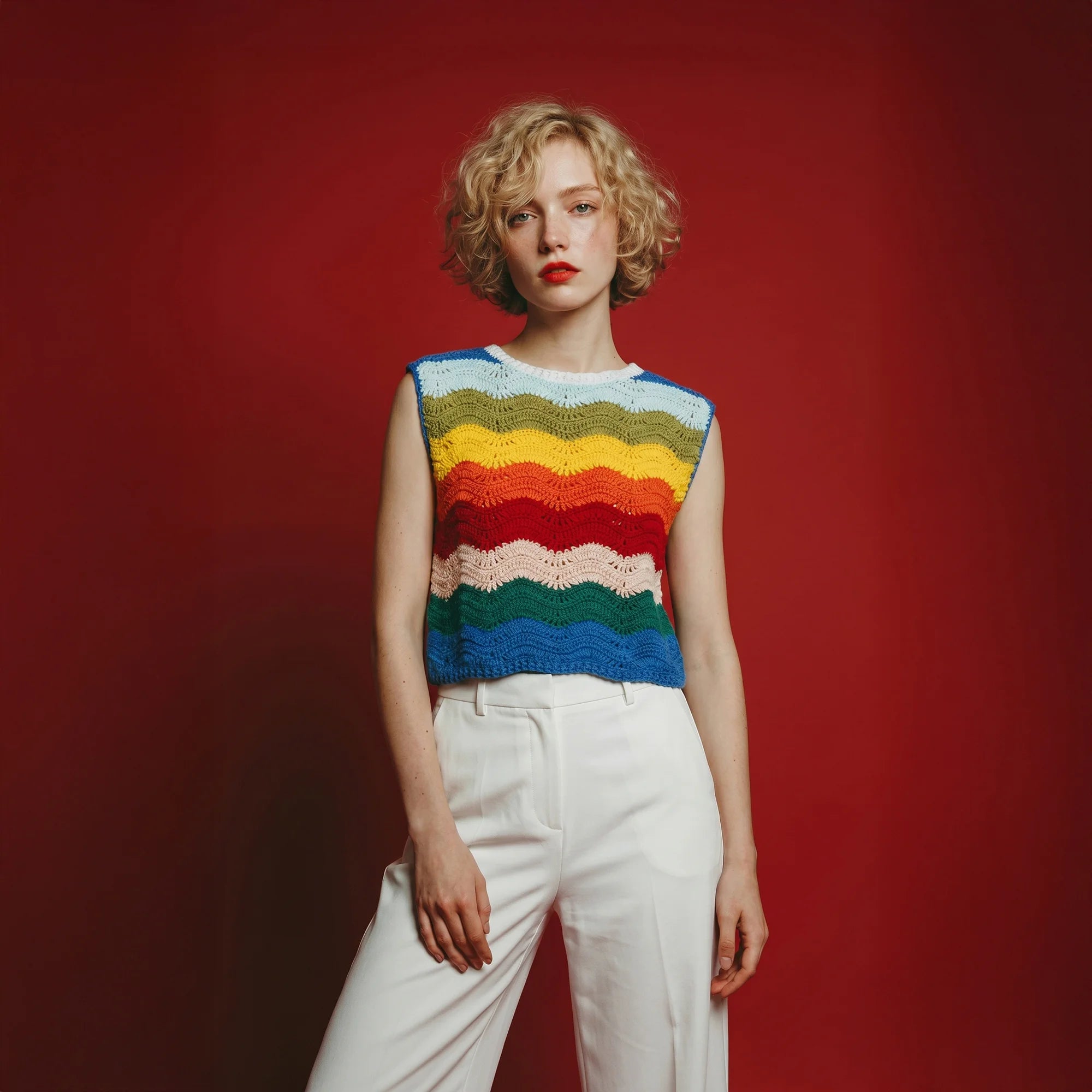 Model wearing a hand-crocheted relaxed top with multicolour wave stripes, paired with white trousers.