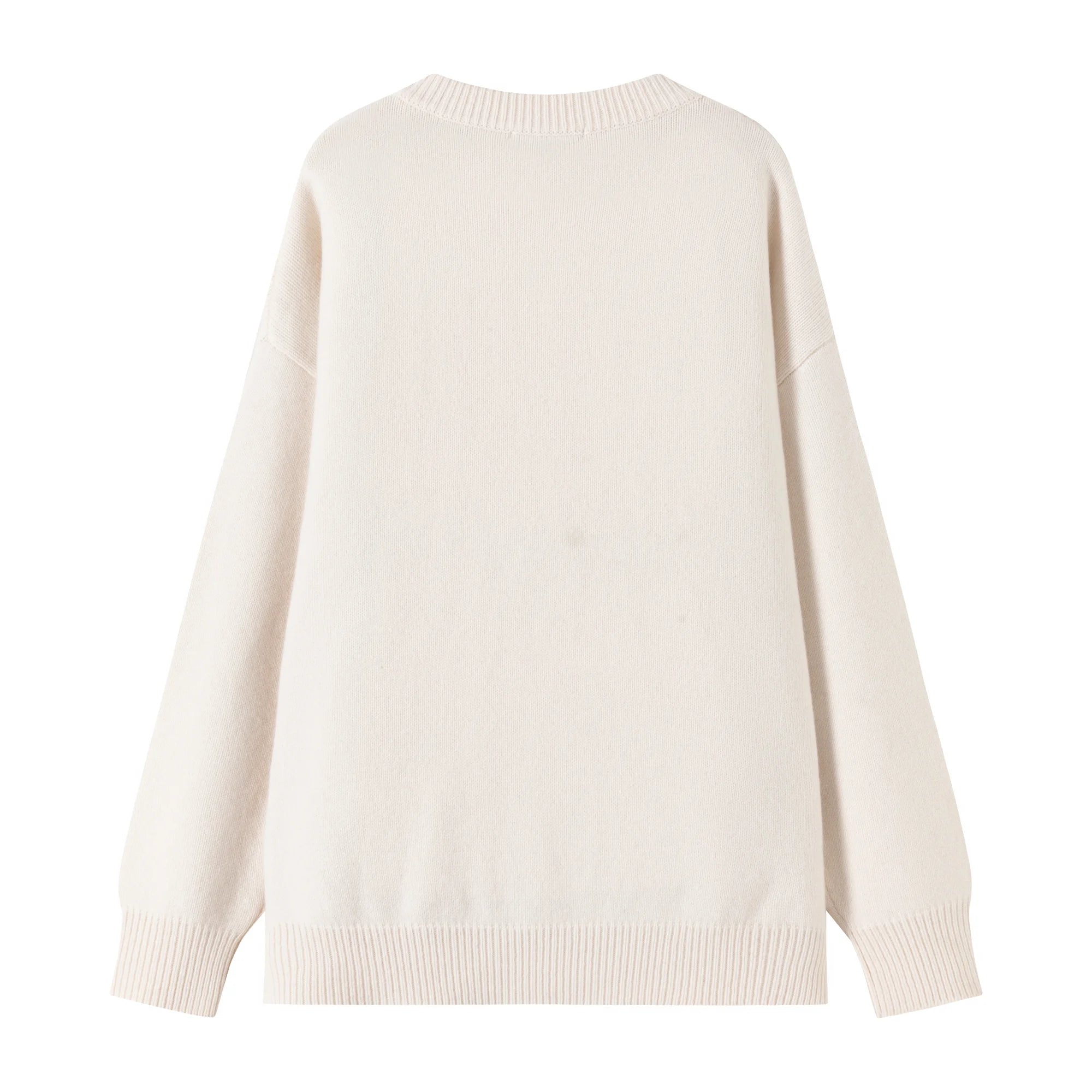 Back view of a cream oversized jumper with a plain back and ribbed trims.
