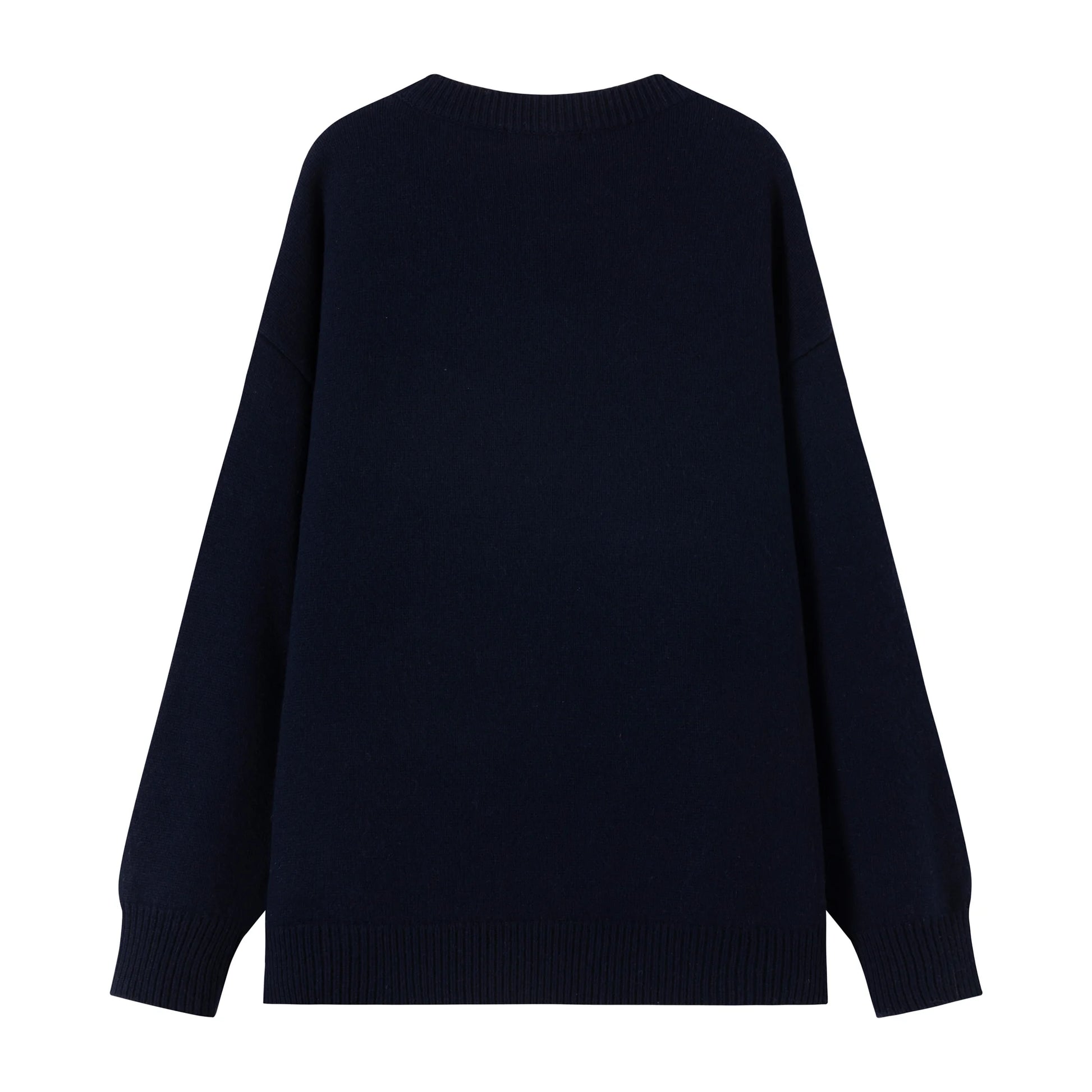 Back view of a navy oversized jumper with a plain back and ribbed trims.