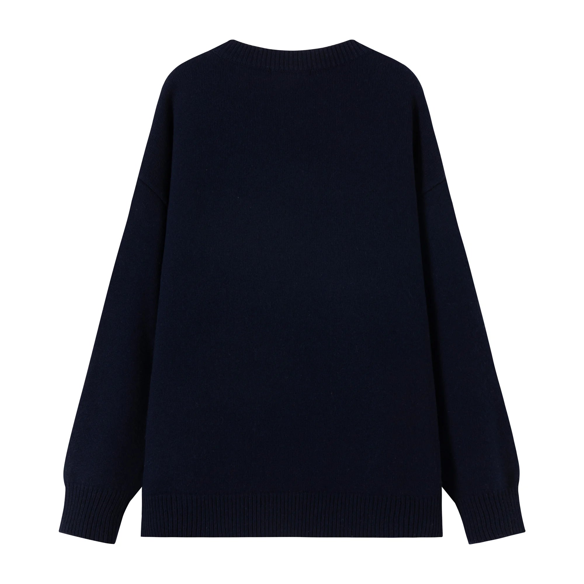 Back view of a navy oversized jumper with a plain back and ribbed trims.