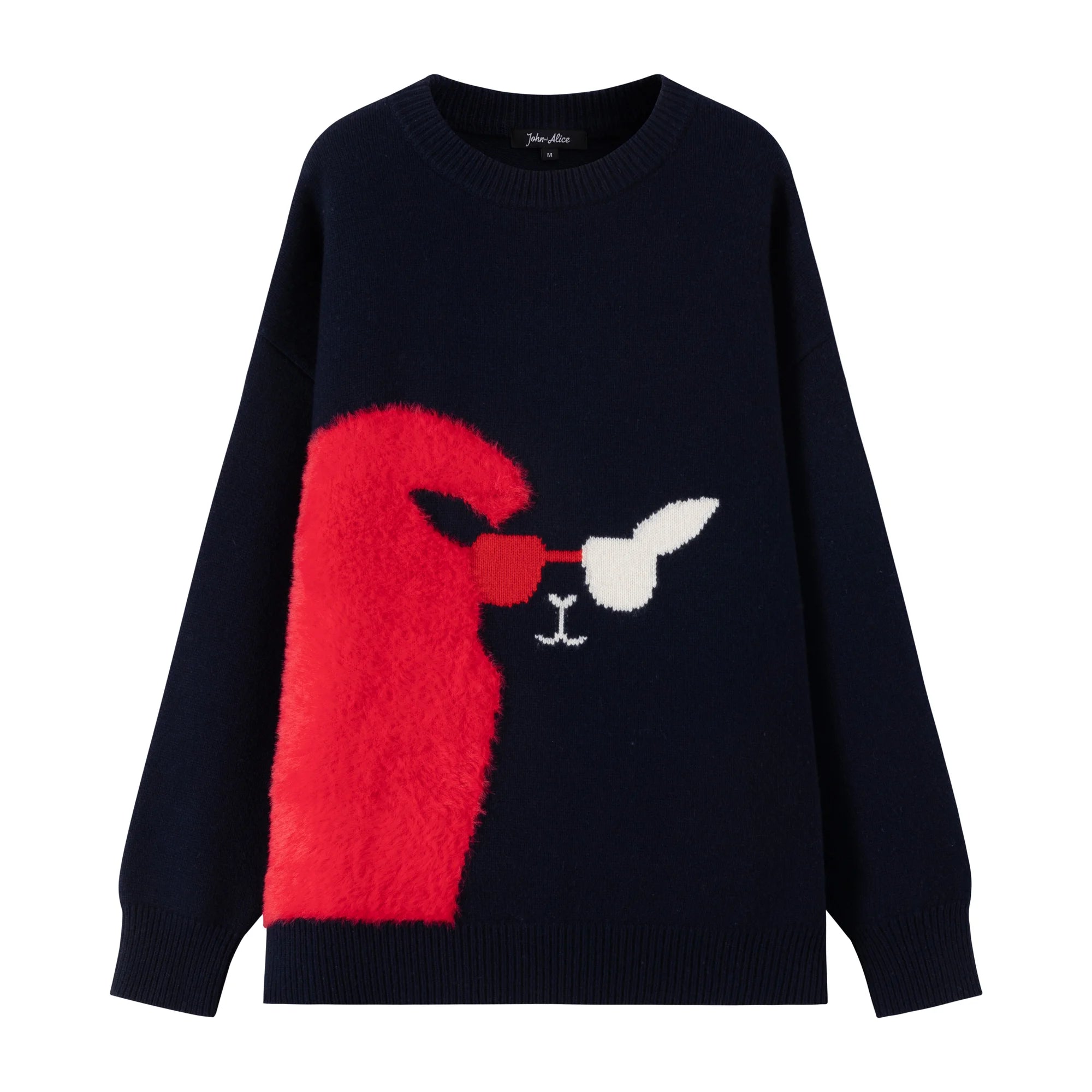 Front view of a navy oversized intarsia jumper with a llama face motif and a bright red fuzzy heart panel.