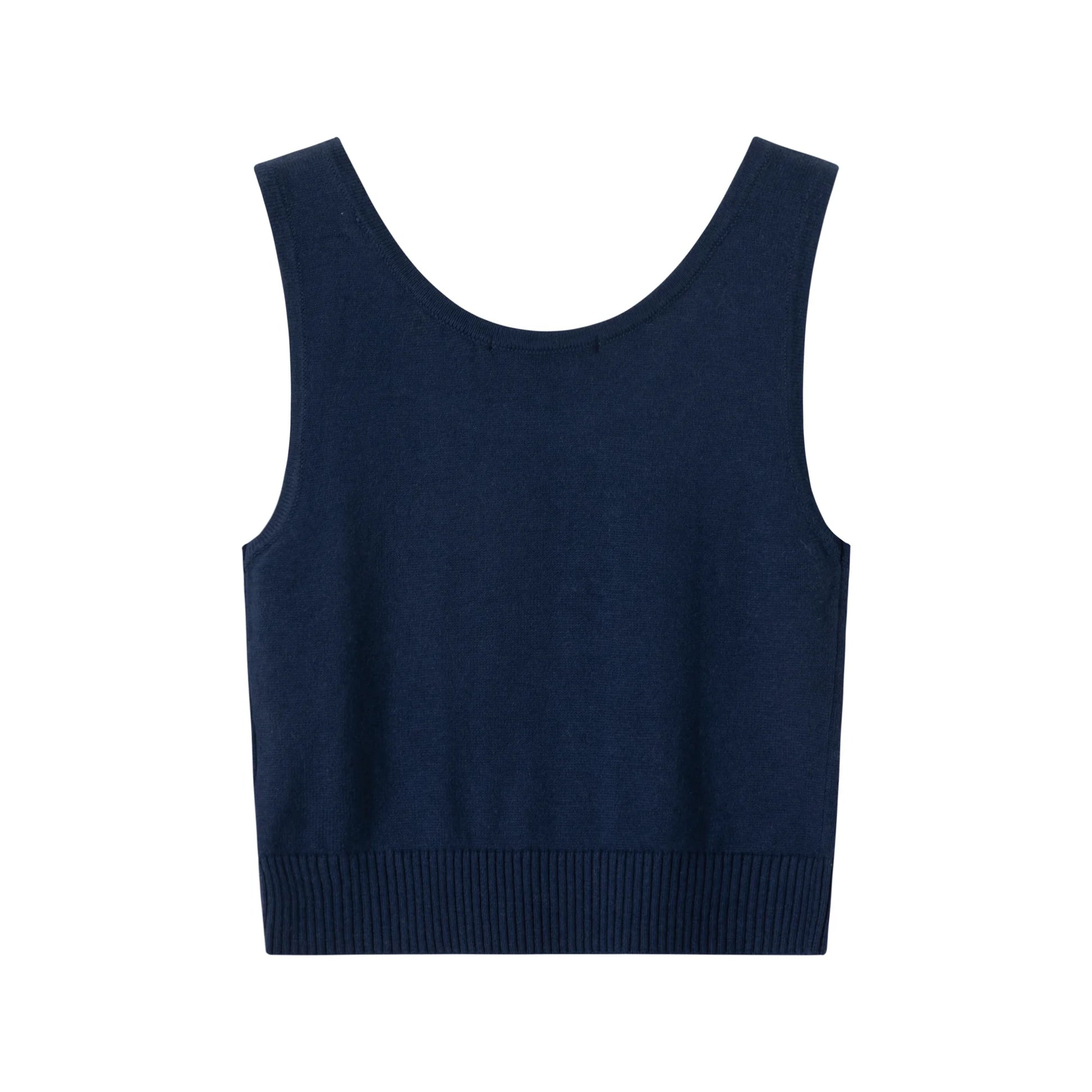 Back view of a navy knit tank with a scoop neckline and wide ribbed hem.