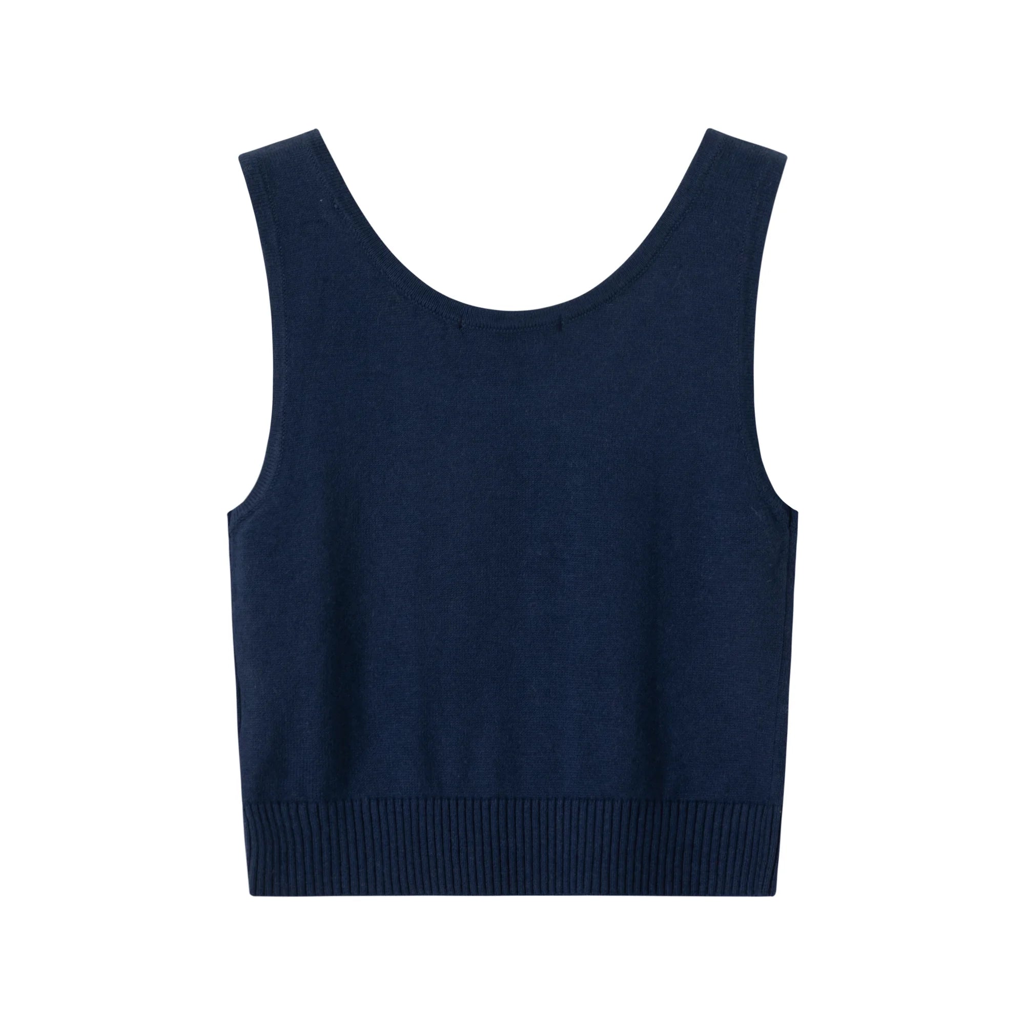 Back view of a navy knit tank with a scoop neckline and wide ribbed hem.
