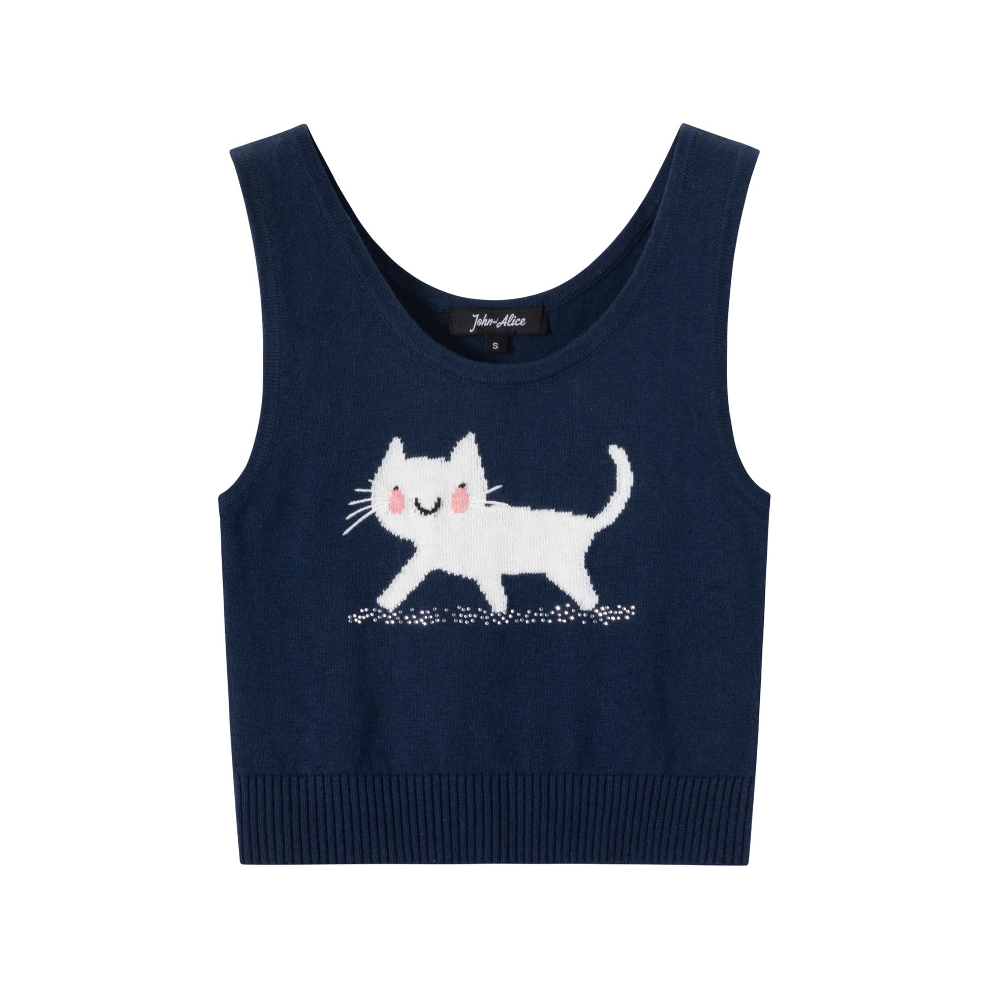Front view of a navy knit tank with a scoop neckline, wide ribbed hem, white cat motif and rhinestone accents beneath the paws.
