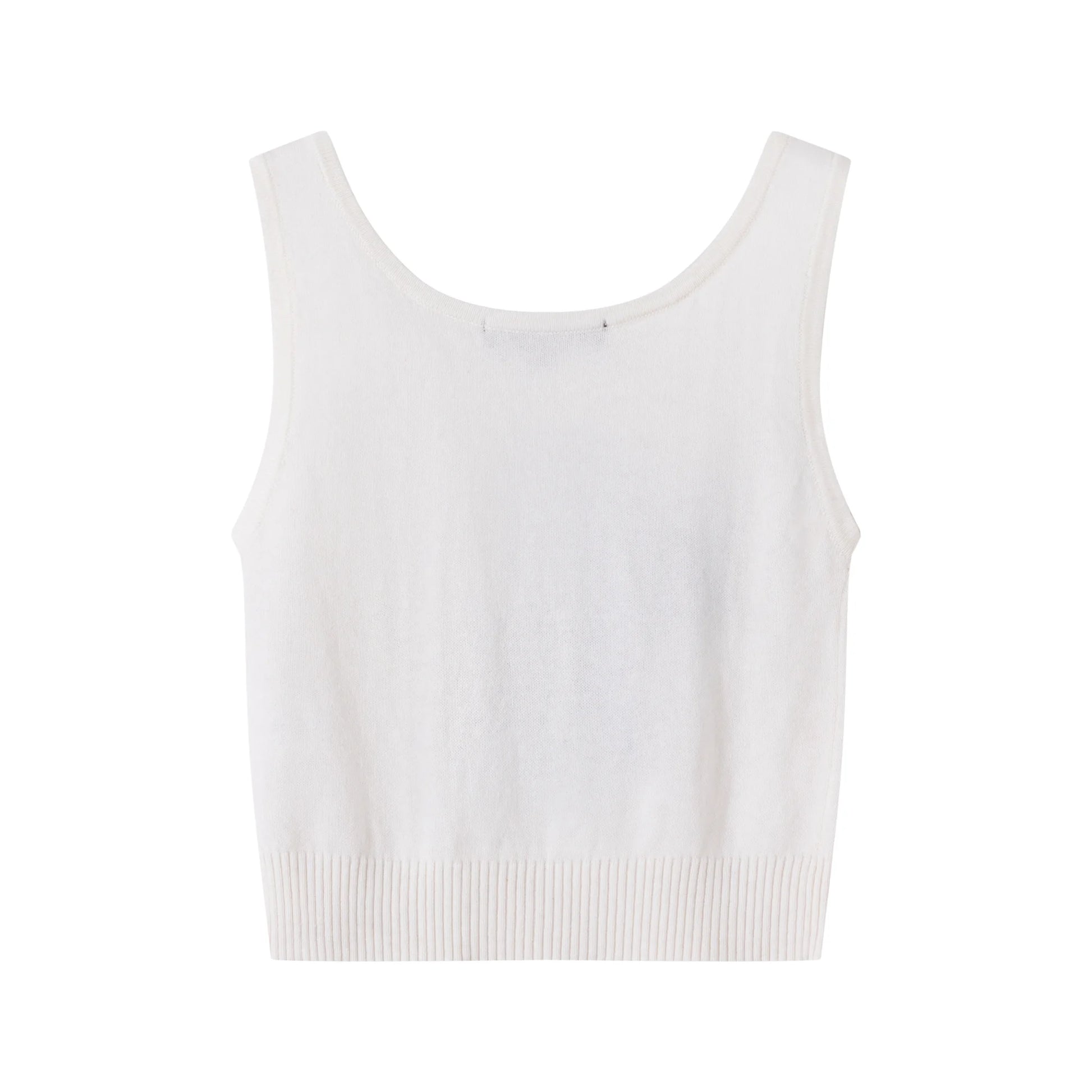 Back flat view of an ivory knit tank with a scoop neckline and ribbed hem.