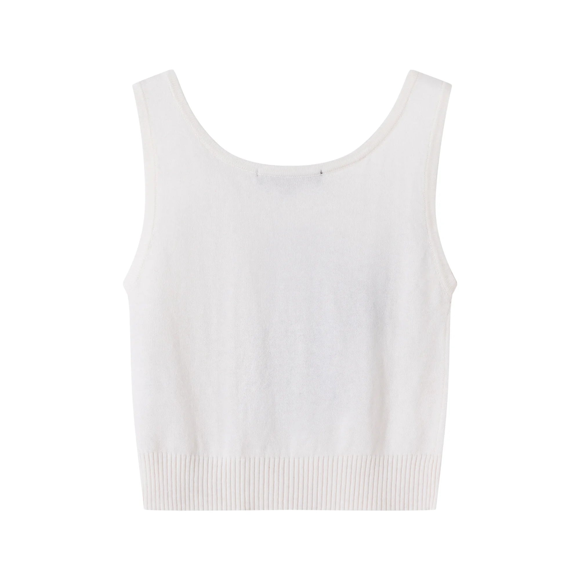 Back flat view of an ivory knit tank with a scoop neckline and ribbed hem.