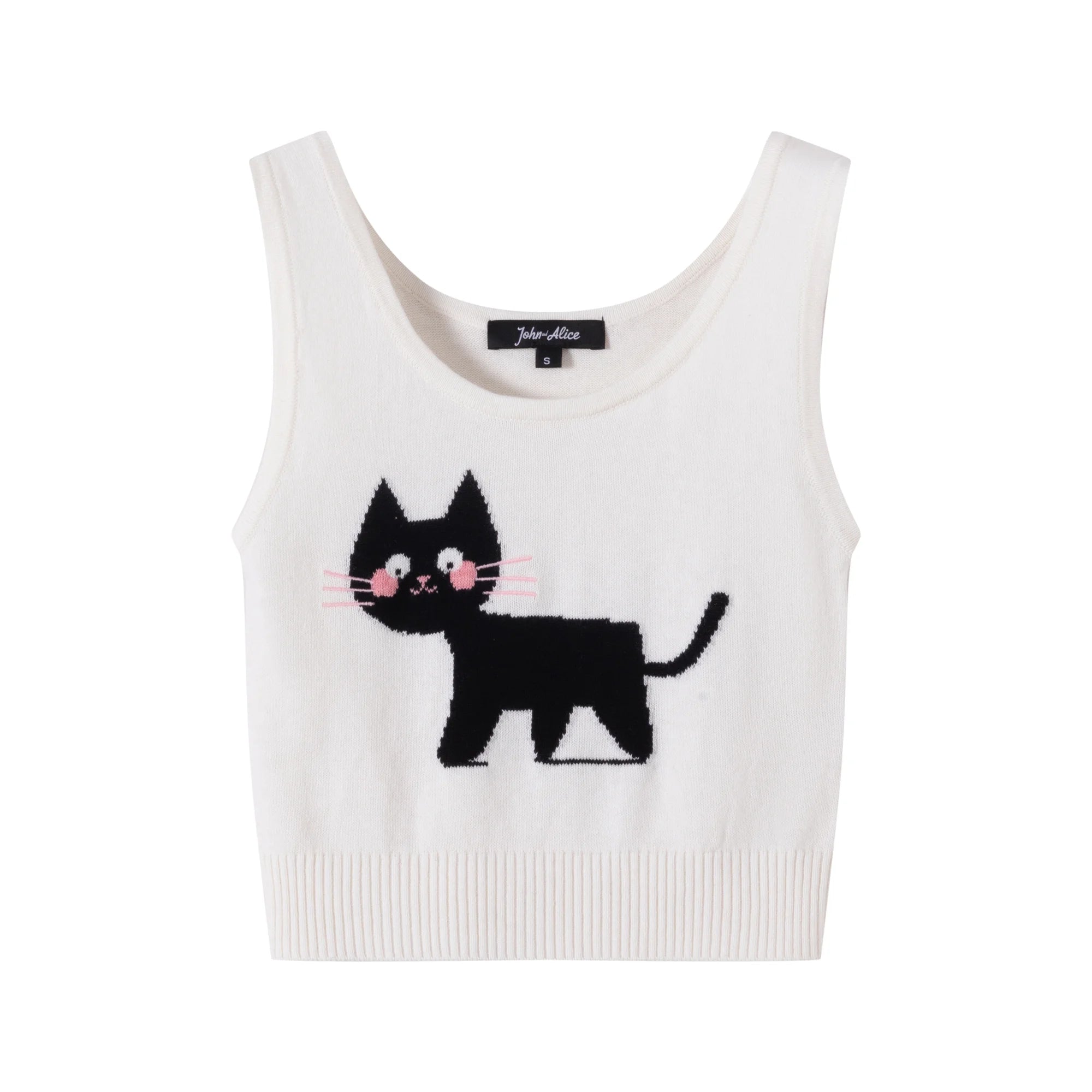 Front flat view of an ivory knit tank with a scoop neckline, ribbed hem and black cat jacquard.