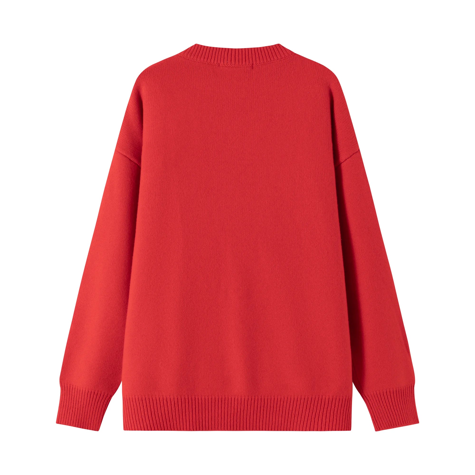 Back flat view of a red oversized jumper in a thick cotton and wool blend knit.
