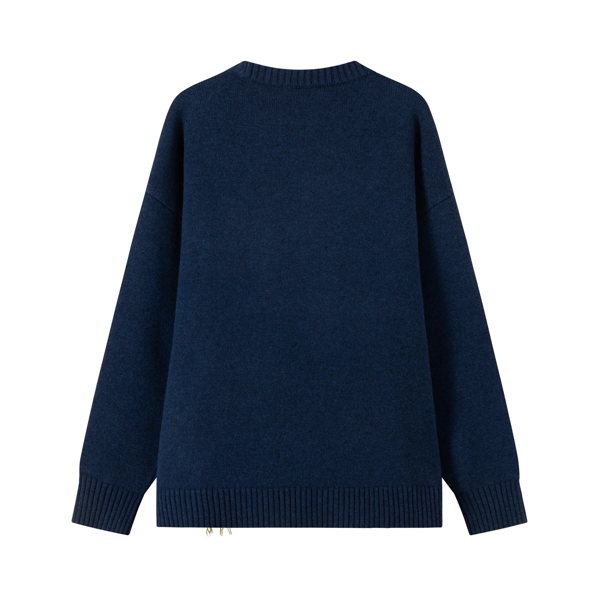 Back view of a navy oversized jumper with a plain back and ribbed neckline, cuffs and hem.