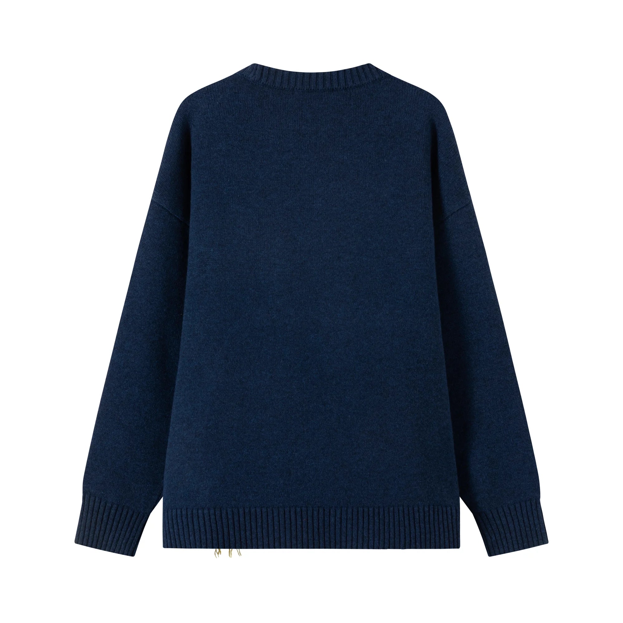 Back view of a navy oversized jumper with a plain back and ribbed neckline, cuffs and hem.