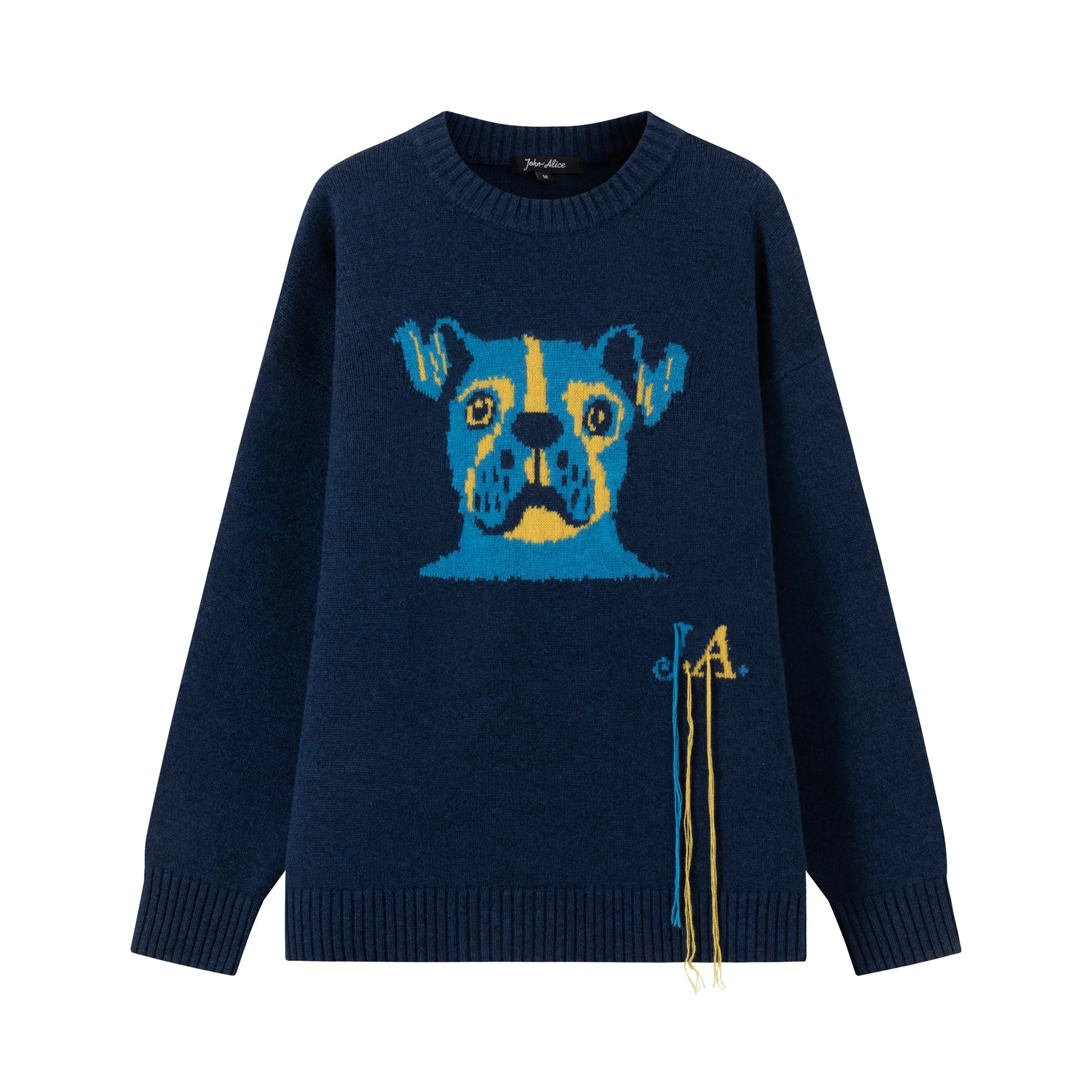 Front view of a navy oversized jumper with an abstract dog face jacquard, ribbed trims and tassel detail at the lower front.