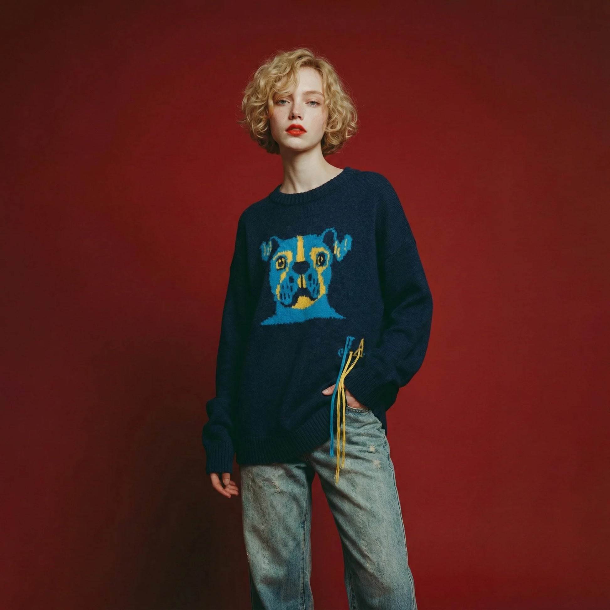 Front view of a model wearing a navy oversized jumper with an abstract dog face jacquard on the front.