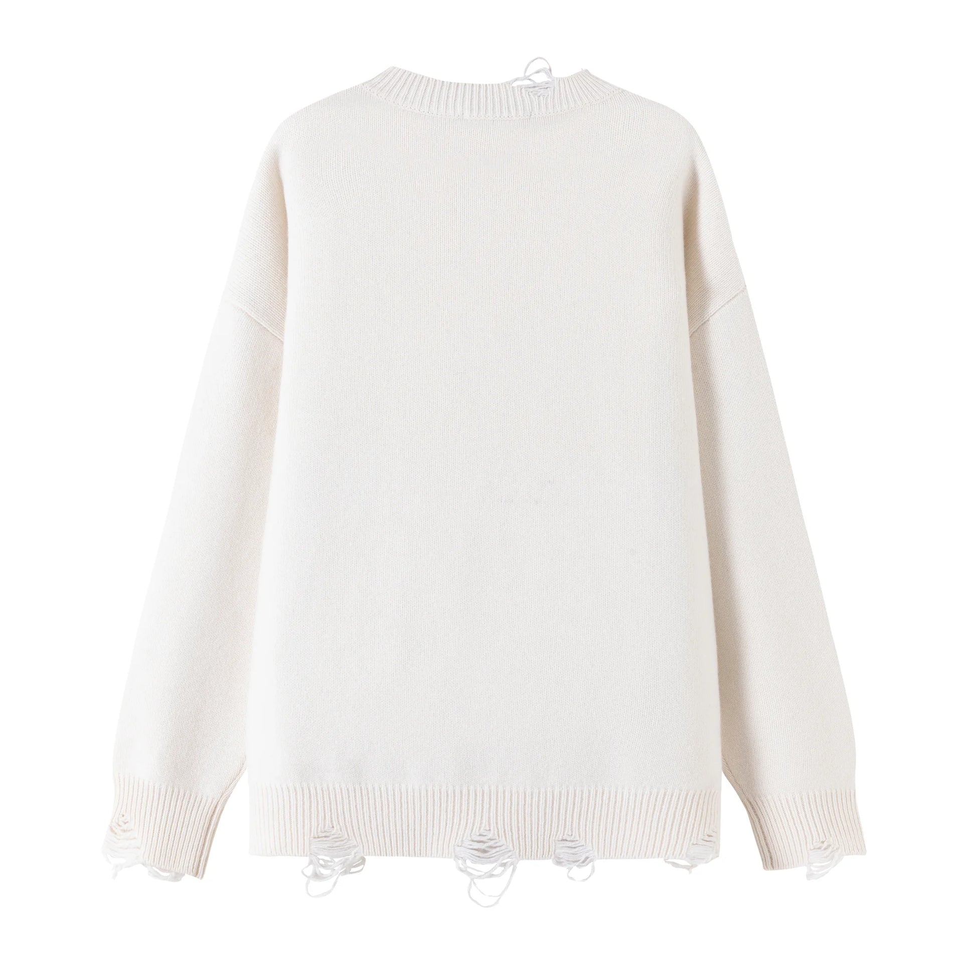 Back flat view of an oversized ivory jumper with distressed ribbed trims at the neckline, cuffs and hem.