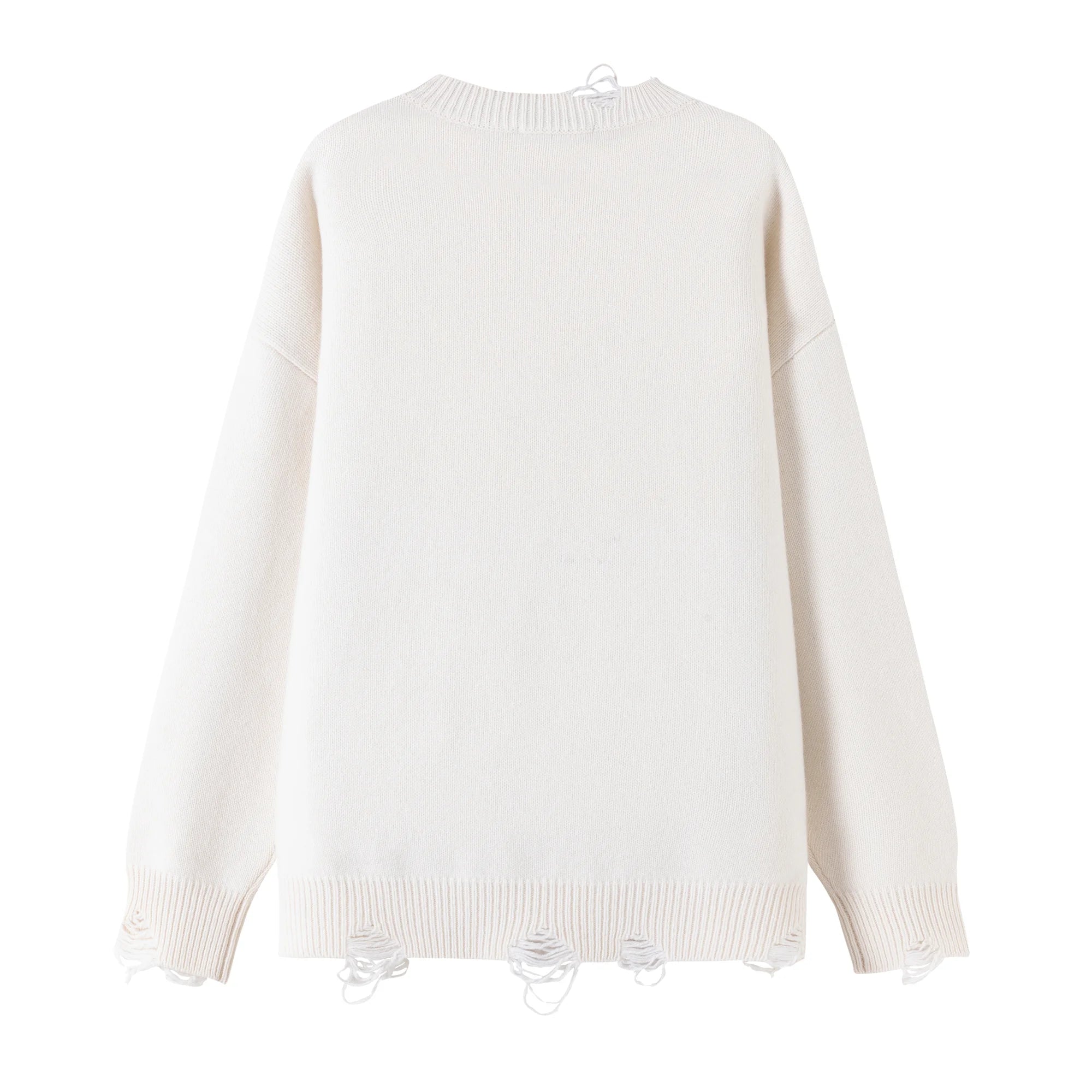 Back flat view of an oversized ivory jumper with distressed ribbed trims at the neckline, cuffs and hem.
