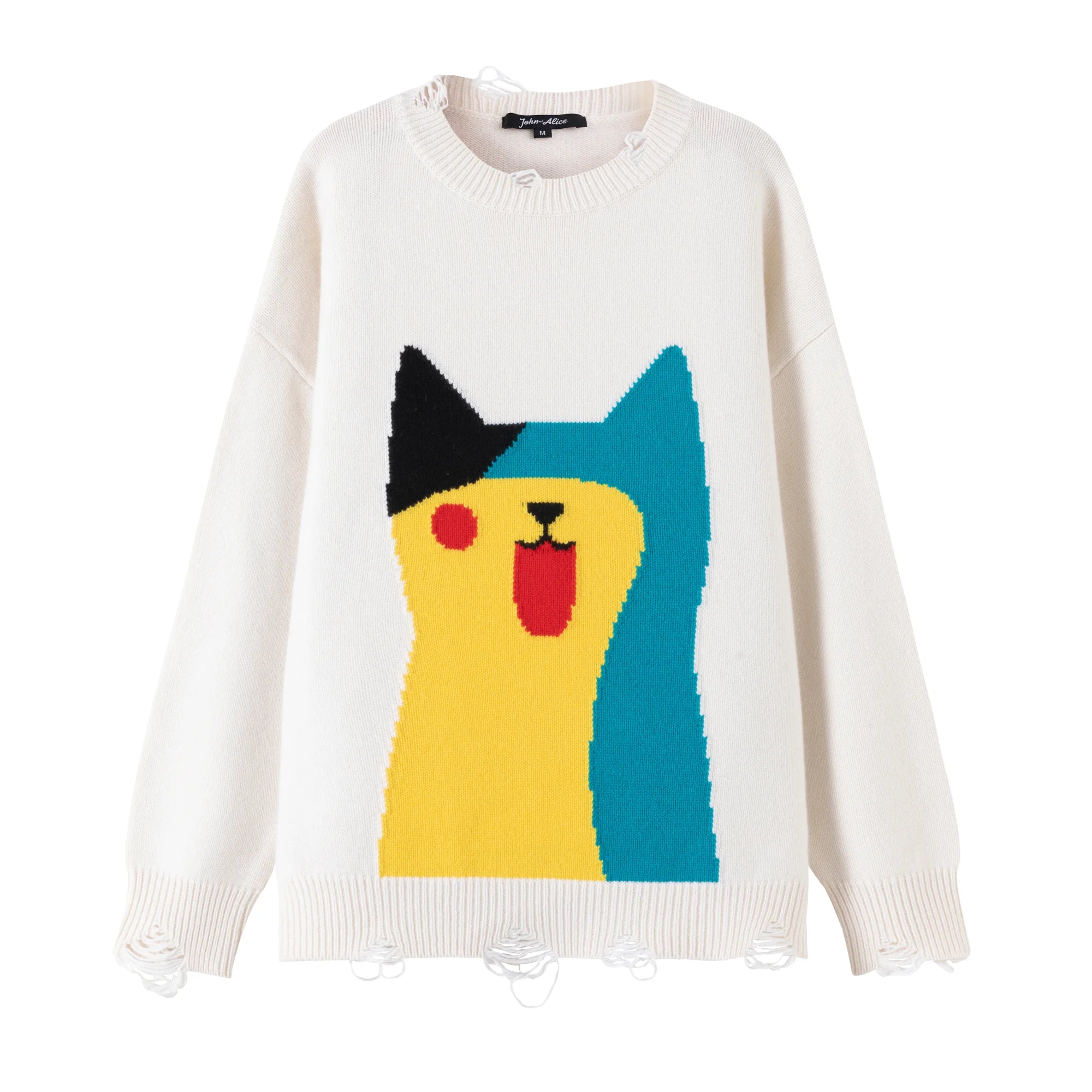 Front flat view of an oversized ivory cotton and wool blend jumper with an abstract cat jacquard in yellow, blue, red and black.