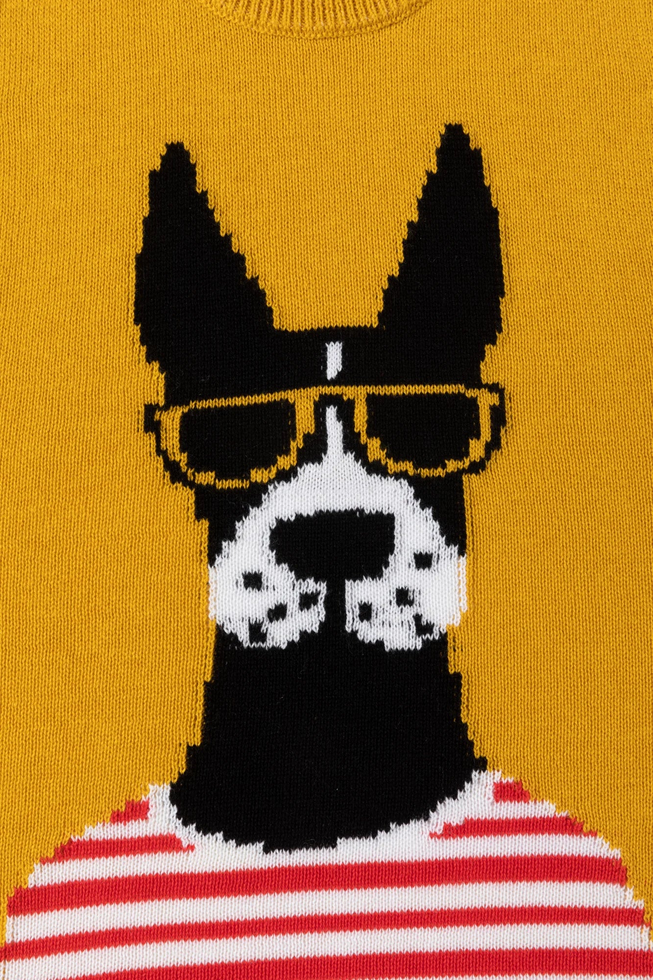 Close-up of the dog jacquard wearing sunglasses and a red and white striped shirt on the mustard yellow knit tank.