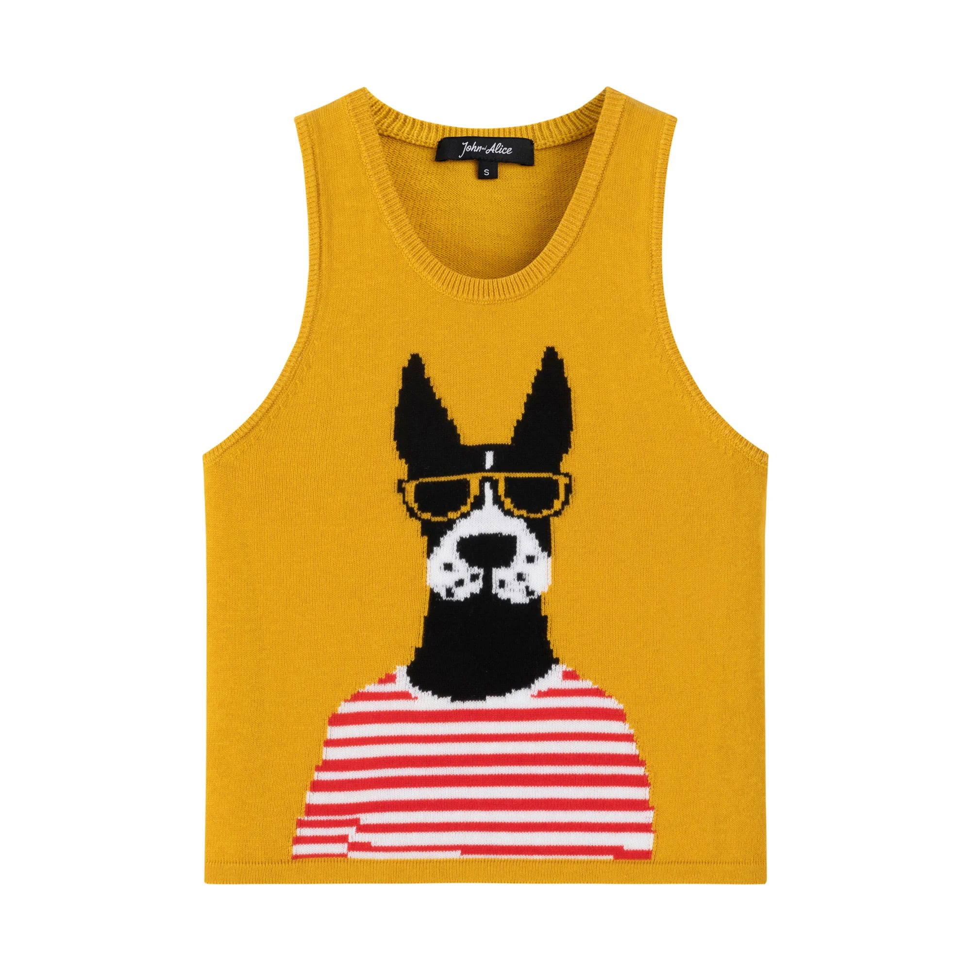 Front flat view of a mustard yellow cotton knit tank with a dog jacquard in a striped shirt on the front.